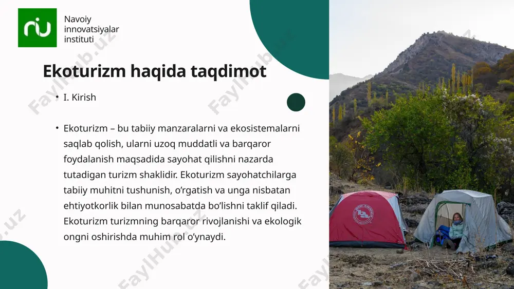 avf ostiga qo’yadi. 01 • mahalliy aholi va tabiatni muvofiqlashtirish: mahalliy aholi va tabiatning himoyasini muvofiqlashtirishda qiyinchiliklar yuzaga kelishi mumkin. 02 • qonunchilik va boshqaruv masalalari: ekoturizmni boshqarish uchun yaxshi qonunlar va amaliyotlar zarur. 03 navoiy innovatsiyalar instituti vii. xulosa ekoturizm tabiiy boyliklarni saqlab qolish va mahalliy jamoalar uchun iqtisodiy imkoniyatlar yaratish borasida muhim ahamiyatga ega. oʻzbekiston va dunyo miqyosida ekoturizmni rivojlantirish orqali biz ekologik muammolarni hal qilishga va tabiatni asrab-avaylashga hissa qo‘shishimiz mumkin. adabiyotlar roʻyxati: 1. unwto (2017). global report on ecotourism. world tourism organization. 2.eco-tourism in uzbekistan: a pathway for sustainable development (2022). tashkent: uzbek national academy of sciences. 3. honey, m. (2008). ecotourism and sustainable development: who owns paradise? washington, d.c.: island press. 4. blamey, r., & braithwaite, d. (1997). ecotourism: a new future for sustainable tourism. cambridge university press. 5. schroeder, s. (2010). ecotourism: principles, practices, and policies for sustainability. routledge. 6. williams, p., & gill, …