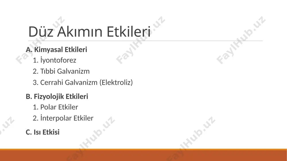 i amacıyla kullanılır. anodal galvanizm akımın tedavi edilecek bölgeye anottan hastaya uygulanmasıdır. katot ise, vücudun herhangi bir yerine yerleştirilir. anodal galvanizm yeni olan travmalarda, ayak bileği burkulmalarında, inflamasyonun ve ödemin akut devresinde kullanılır. akım şiddeti 1 inç kare (6.25 cm²) için 0,25 – 0,5 ma ve uygulama süresi 45-60 dk’dır. katodal galvanizm katot tedavi edilecek bölgeye, ondan daha büyük olan anotta vücudun herhangi bir yerine yerleştirilir. katodal galvanizm, kronik iltihabi durumlarda, eklem limitasyonlarında ve skar dokuların yumuşatılmasında kullanılır. akım şiddeti 1 inç kare (6.25 cm²) için 2 ma ve uygulama süresi 20-30 dk’dır. anot ve katotun karşılıklı kullanılması anot ve katot tedavi edilecek bölgenin her iki tarafına karşılıklı yerleştirilir. katodal galvanizmin kullanıldığı yerlerde ve aynı akım şiddeti ve uygulama süresi kadar kullanılır. su içi uygulamaları derinin su içinde direncinin düşük olması ve geniş bölgelerin tedavi edilebilir olması nedenlerinden dolayı su içi uygulamaları kullanılır. kullanılan su ılık olmalıdır. tedavi bölgesinin suyun …