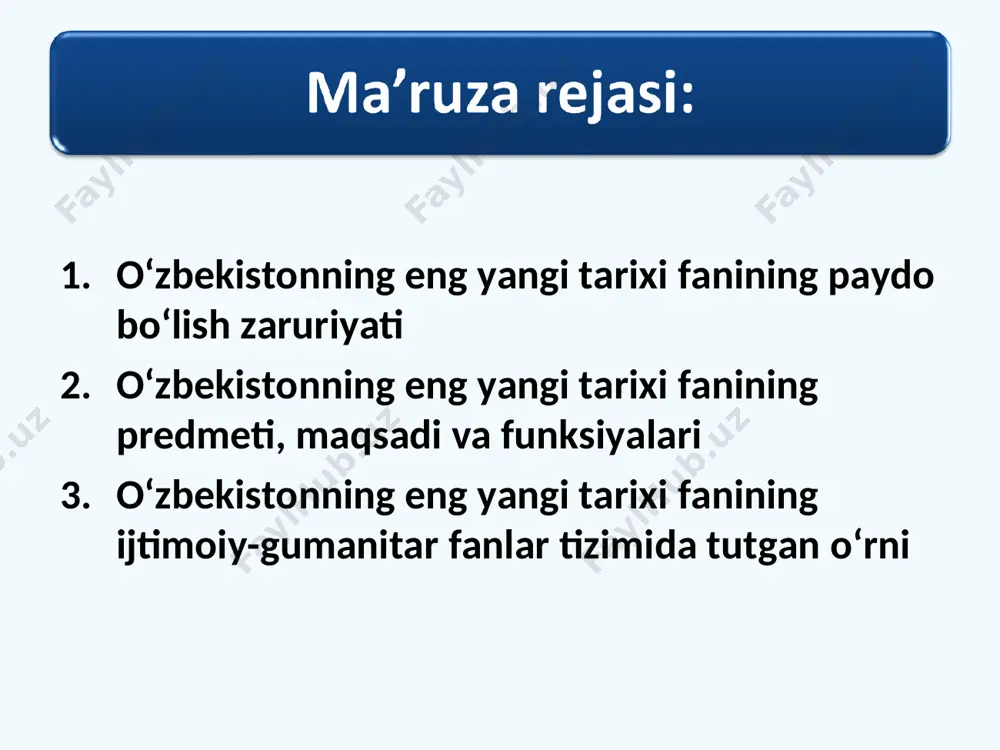 izm” lardan xoli o‘rganish imkoniyatini yaratdi. uchinchidan, “tarixiy xotirasiz – kelajak yo‘q”- bu tarixiy qonuniyat. hech bir xalq o‘z tarixini bilmasdan turib, kelajagini yarata olmaydi. shu sabab, xalqimizning tarixiy xotirasini tiklash, uning buyuk ma’naviy meros sohibi ekanligini anglatish, buyuk kelajakka ishonchini tiklash zaruriyati paydo bo‘ldi. bu zaruriyat o‘zbekistonning eng yangi tarixi fanini siyosat maydoniga olib chiqdi. to‘rtinchidan, o‘zbekistonning eng yangi tarixini o‘rganish davlat siyosati darajasiga ko‘tarildi. o‘zbekistonning eng yangi tarixini o‘rganish bo‘yicha “jamoatchilik kengashi” tashkil etilib, uning ijro organi – o‘zbekistonning eng yangi tarixi markazi tashkil etildi. barcha oliy o‘quv yurtlarida o‘zbekistonning eng yangi tarixi fanini o‘rganish yo‘lga qo‘yildi. ushbu fan yo‘nalishida ilmiy-tadqiqot ishlari amalga oshirilmoqda. ob’ekti. o‘zbekistonning eng yangi tarixi fanining ob’ektini o‘zbekiston xalqi tarixini retrospektiv (o‘tmishga oid) o‘rganish tashkil etadi. retrospektiv metod – tarix fanining asosiy metodlaridan biri bo‘lib, tarixiy jarayonlarning rivojlanish bosqichlari va undagi sifatiy o‘zgarishlar sabablarini tizimlilik asosida o‘rganishni ifodalaydi. predmeti. o‘zbekistonning eng yangi tarixi fanning …