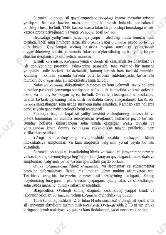 bo‘lak ichi bronxlari atrofida silli limfangit birga keladi. yallig‘lanish jarayoni bronx devoriga ham tarqaladi. bo‘lak ichi kazeozli panbronxiti shakllanadi, distal joylashgan bironxiolalar va alveolalarga kazeoz-nekrotik massa aspiratsiya bo‘lib o‘tadi. bo‘lak ichi kazeoz bronxopnevmoniya (abrikosov o‘chog‘i) shunday rivojlanadi. mikobakteriyaning qo‘shni bo‘lak ichi bronxlariga aspiratsiyasi, hamda limfatik tomirlar bo‘ylab tarqalishi bir qancha kaeoz atsinozli, atsinoznodozli yoki lobulyar zotiljam hosil bo‘lishiga olib keladi. bunday o‘choqlarning yig‘ilishi yangi sil o‘chog‘ining patomorfologik ko‘rinishini yaratadi. birinchi bronxopnevmonik o‘choqda ekssudatsiya ustunlik qiladi. keyinchalik susaygan immunitetda o‘choq atrofida yaqqol yallig‘lanish reaksiya shakllanishi va yallig‘langan sil rivojlanishi mumkin. immun tizimida o‘zgarishlar bo‘lmaganda va tmbiga to‘qimalarning normergik reaksiyasi bo‘lganda tezda produktiv jarayon ustunlik qilib o‘choqlar shakllanadigan yallig‘lanish reaksiyasi va sil jarayoning tezlik bilan tarqalish havfi pasayadi. o‘z vaqtidagi diagnostika va adekvat davolash yangi sil o‘choqlarini so‘rilishiga olib keladi. ba’zi hollarda o‘choqlar to‘liq so‘rilib ketadi. ammo, ko‘pincha jarayon spetsifik biriktiruvchi granulyasion to‘qima qismlari bilan birga so‘riladi. vaqt o‘tishi bilan o‘choq o‘rnida …