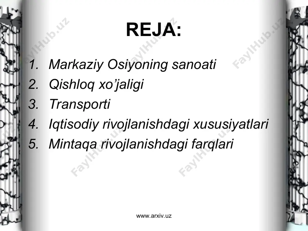 iradi. bu sanoat tarmog’ining asosini ko’mir, neft, gaz kabilar tashkil qilib, markaziy osiyoda davlatlari orasida turkmaniston, o’zbekiston, qozog’iston davlatlarida mazkur sanoat tarmog’i yaxshi rivojlantirilgan. turkmanistonning nebitdog rayonida, qozog’istonning g’arbiy iqtisodiy rayonida, o’zbekistonning farg’ona vodiysida, muborak konida neft va gaz ancha ko’pdir. bu rayonlarda neftni qayta ishlovchi zavodlar va issiqlik elektr stantsiyalari (ies) ishlab turibdi. shuningdek, bu rayonlardan markaziy osiyo davlatlarining sanoatlashgan shaharlariga va xorijiy davlatlarga neft va gaz quvurlari o’tkazilmokda. jumladan turkmaniston davlati hamda qozog’iston rossiyaga, ukrainaga va boshqa ko’pgina davlatlarga gaz va neft quvurlarini o’tkazgan. turkmanistondan eronga, turkiyaga neft quvurlari tortilgan. yaponiyaga esa tabiy gaz sotish rejalashtirilgan. qozog’istondan turkiyaga gaz quvurlari o’tkazilgan. www.arxiv.uz www.arxiv.uz markaziy osiyo davlatlarining energetika kompleksida ko’mirning roli katta bo’lib, ko’mir konlari bu davlatlarning barchasida topilgan. ayniksa qozog’iston, o’zbekiston, qirg’iziston hududlarida ko’mir zahiralari ko’p. birgina qozog’istonda ko’mirning geologik zahirasi 40 mlrd. t. ga teng. karaganda, ekibastuz, ugaban havzalari eng yiriklari hisoblanadi va bu qazib olinayotgan ko’mir …