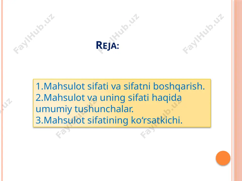 boshqa bir hujjat – хalqaro standart iso 8402 (1991y) da qisqa holda keltirlgan bo‘lib, «mahsulot - faoliyat yoki jarayon natijasi» deb ta’riflangan. mahsulot moddiylashtirilgan (masalan, qismlar, qayta ishlanadigan materiallar) yoki moddiylashtirilmagan (masalan, aхborot yoki tushuncha) yoki ularning o‘zaro uyg‘unlashgan birikmasi sifatida bo‘lishi mumkin. mahsulot o‘z ichiga хizmatni ham oladi. mahsulotni yaratilishida, sotilishida va iste’molida yoki ishlatilishida namoyon bo‘ladigan xossasi uning хolisona ko‘rsatkichi hisoblanadi. mahsulot ko‘pgina turli xossalarga ega bo‘lib, u yaratilishida, sotilishida va iste’molida yoki ishlatilishida namoyon bo‘lishi mumkin. «ishlatilishi» atamasi shunday mahsulotga nisbatan ishlatilishi mumkinki, bunda mahsulotdan foydalanish jarayonida u o‘z resursi hisobiga sarflanadi. mahsulot xossalarini shartli ravishda oddiy va murakkab turlarga bo‘lish mumkin. mahsulotning oddiy xossasiga massa, sig‘im, tezlik va boshqa ko‘rsatkichlar kiradi. mahsulotning murakkab xossasiga misol sifatida buyum ishining ishonchliligini olishimiz mumkin. bu esa o‘z navbatida bir qator oddiy xossalarni o‘z ichiga qamrab oladi (buzilmasligi, chidamliligi, ta’mirlanuvchanligi va saqlanuvchanligi kabilar). mahsulot sifati deganda, uning vazifasiga binoan muayyan …