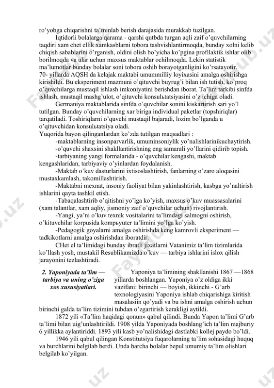 lash jarayonida yangi-yangi kurslar paydo bo’la boshladi. frantsiyada 70-80-yillarda to’liksiz o’rta maktablar o’kuv dasturidagi tabiiy-ilmiy va gumanitar turkumiga eksperimental, iktisodiy gumanitar kurslar kiritiladi. o’ezirgi paytlarda rivojlangan mamlakatlar o’kuv dasturiga integratsiyalashtirilgan kurslarni kiritish to’la amalga oshirildi-frantsiya maktablarida ularga 6-10 foiz, buyuk britaniya maktablarida 15 foiz o’quv soatlari ajratildi. maktablarda amalga oshirilayotgan isloxotlar ta’lim ishini tabaqalashtirish muammolarini keltirib chikardi. iqtisodiy rivojlangan xorijiy mamlakatlarda ta’limni tabakalashtirish eng dolzarb masalaga aylangan. ukuvchilarni tabaqalashtirib o’qitish xorijiy mamlakatlarda asosan boshlang’ich ta’lim kursidan keyin amalga oshiriladi. masalan, frantsuz pedagoglari ta’lim jarayonida sinf o’kuvchilarini uch tabakaga ajratib o’qitishni afzal ko’radilar. bular kuyidagilar : 1.gomogenlar — matematika va gumanitar yo’nalishda ish olib borsa bo’ladigan o’kuvchilar. 2.yarim gomogen — tabiiy turkumdagi fanlarni o’zlashtira olishga moyil o’kuvchilar. 3.gegeron — barcha predmetlarni xar xil saviyada o’zlashtiradigan o’quvchilar va xokazo. tabaqalashtirish jarayoninig yangi muxim yo’nalishi to’ldiruvchi ta’limni rivojlantirish bo’lib qolmokda. to’ldiruvchi maktablar paydo bo’lishining sababi, aqsh va g’arbiy yevropada o’zlashtirmovchi xamda ulgurmovchi o’quvchilarning …