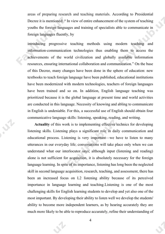 sents the development in language teaching area. the following methods are used: the method of comparison, studying and analyzing scientific literature; method of processing and interpretation data, observation of the process of teaching and learning foreign languages at the university on the base of the studies; descriptive method - we investigated and found out and prove the importance, the peculiarities, types and ways of using effective listening techniques in teaching and learning foreign languages. theoretical importance of the qualification paper is determined by the necessity of detailed and comprehensive analysis of listening comprehension both in spoken and written language used for fulfilling various notional, semantic or pragmatic functions. the practical value of the research is that the material and the results of the given qualification paper can serve as the material for practical implication of the techniques for development of listening comprehension in teaching the english language. this work provides …