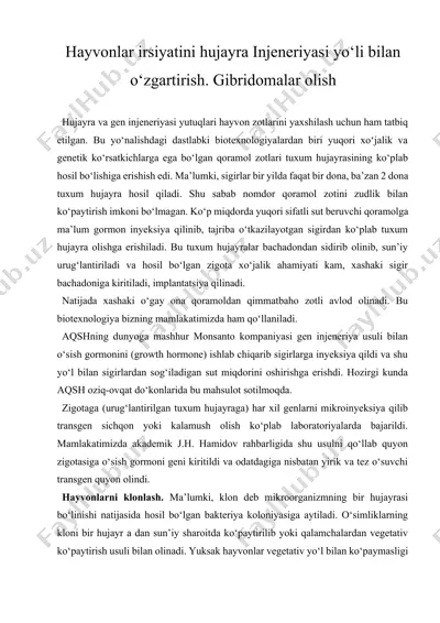 hayvonlar irsiyatini hujayra injeneriyasi yo‘li bilan o‘zgartirish. gibridomalar olish — DOCX