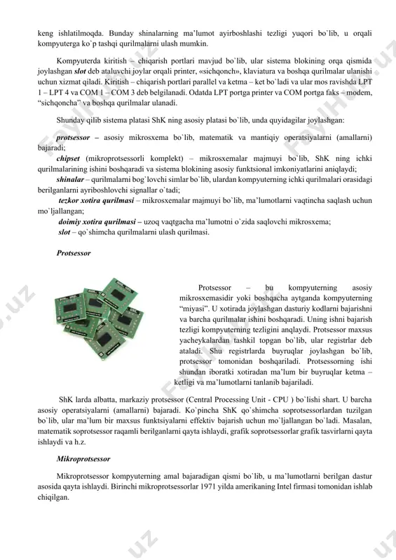 and the impact of texnology. 55 pg.) shaxsiy kompyuterning tuzilishi birinchi shaxsiy kompyuterlar o`tgan asrning 70-nchi yillarining o`rtalarida paydo bo`lgan. bular “altair 8800”, “trs-80 pc”, “pet pc” va “apple” lardir. mashhur microsoft firmasining yaratuvchisi va boshlig`i bo`lgan bill geyts “altair” shaxsiy kompyuter (shk) uchun birinchi bo`lib basic tilining interpretatorini yaratdi. natijada bu kompyuterlar, avval faqat o`yinlar uchun mo`ljallangan edi. shu bilan birga foydalanuvchilar tomonidan biznesda va murakkab bo`lmagan muhandislik hisob – kitoblarida ham ishlatib kelingan. 1981 yilda ibm firmasi o`ziga xos shk variantini yaratdi va u ibm pc deb nom oldi. bu kompyuter juda ko`p ishlab chiqarila boshladi va jahonda shk larning standartiga aylandi. shaxsiy kompyuterlar quyidagi qurilmalardan tashkil topgan: · sistema bloki; · monitor; · klaviatura; · «sichqoncha»; · tashqi qurilmalar. sistema bloki sistema bloki – shk asosini tashkil etuvchi qismi hisoblanib, unda kompyuterning asosiy qismlar joylashgan bo`ladi. sistema bloki ichida joylashgan qurilmalar ichki qurilma, unga tashqi tomonidan ulanadigan …