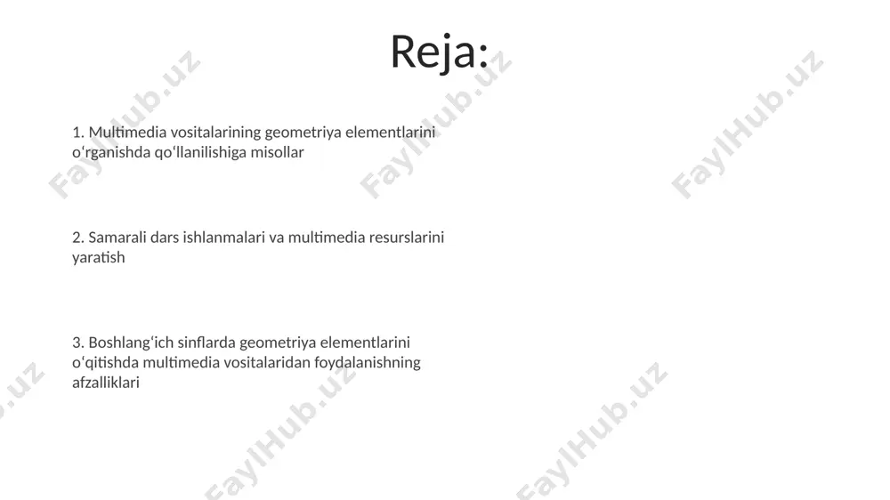 'ektlar orqali namoyish etish mumkin, bu esa 5-sinf o'quvchilarida chuqurroq tushuncha hosil qiladi. onlayn resurslar, xususan khan academy yoki ixl learning kabi platformalar, 1000 dan ortiq geometriya mashqlari va interaktiv darslarni taklif qilib, o'quvchilarning mustaqil o'rganishini qo'llab-quvvatlaydi. boshlangʻich sinflarda geometriya elementlarini oʻqitishda multimedia vositalarining ahamiyati interaktiv taxtalar va dasturlar yordamida oʻquvchilar geometrik shakllarni turli burchak ostida koʻrish, ularni manipulyatsiya qilish imkoniga ega boʻlib, fazoviy tasavvurning rivojlanishiga 25% hissa qoʻshadi. boshlangʻich sinflarda geometrik shakllarni (masalan, uchburchak, kvadrat, aylana) oʻrganishda multimedia, 2d va 3d modellarning interaktiv taqdimotlari orqali bolalarning faol ishtirokini ta’minlaydi va tushunishni 30% ga oshiradi. multimedia vositalaridan samarali foydalanish usullari onlayn testlar va viktorinalar orqali o'quvchilarning geometriya bo'yicha bilim va ko'nikmalarini baholashda avtomatlashtirilgan natija tahlili imkoniyati bilan 80% gacha vaqt tejash mumkin. interaktiv o'yinlar va animatsiyalar geometrik shakllarni 3d ko'rinishda namoyish etib, 5-7 yoshli bolalarning fazoviy tasavvurlarini rivojlantirishda samarali vosita hisoblanadi. baholash va natijalarni tahlil qilish oʻquvchilarning 70% i multimedia …