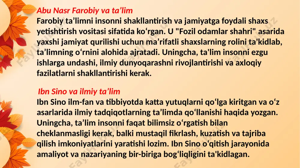 fakkirning ta’lim sohasidagi qarashlari bugungi kun ta’lim tizimi uchun ham katta ahamiyatga ega. ular insonni har tomonlama rivojlantirish, aqliy va axloqiy tarbiyani birga olib borish va ilmni tajriba orqali mustahkamlashni ilgari surgan. image2.jpg image3.png image4.png image5.png image6.png image7.png image8.png image1.jpg /docprops/thumbnail.jpeg