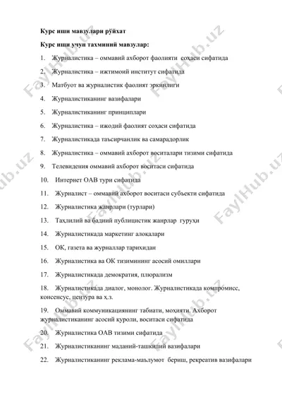 kurs ishi mavzulari ro'yhati — DOCX