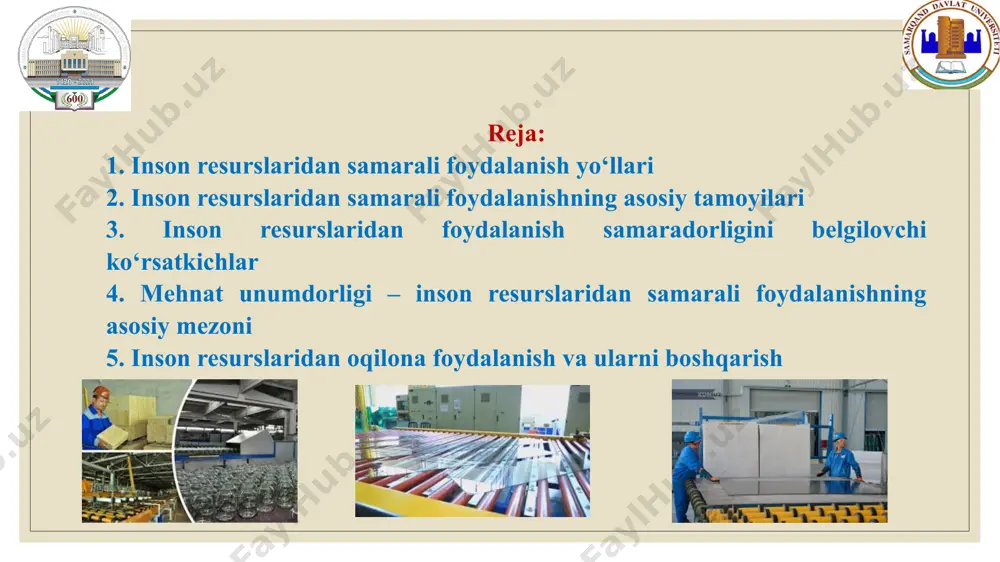 resurslaridan samarali foydalanishning asosiy mezonlari quyidagilardan iborat: tarmoqlar, hududlar bo‘yicha inson resurslarining qanday joylashganligi; ijtimoiy mehnat unumdorligi; inson resurslaridan foydalanish samaradorligi o‘zaro bog‘liq bo‘lgan son va sifat ko‘rsatkichlari bilan aniqlanadi. son ko‘rsatkichlari resurslarning ijtimoiy ishlab chiqarishga jalb qilinganligi darajasini aks ettirib, iqtisodiyotda bandlar soni bilan aniqlanadi. iqtisodiyotda bandlarning inson resurslarining umumiy soniga nisbati mehnatga layoqatli yoshdagi aholining ijtimoiy mehnat faolligini tavsiflaydi. ushbu nisbat ijtimoiy-foydali mehnat bilan bandlik darajasini belgilaydi. ish bilan “to‘liq” bandlik sobiq ittifoqdagi mehnatning umumiyligi va majburiyligini aniq ijtimoiy-iqtisodiy jihatdan amalga oshirilishidir. ish bilan to‘liq bandlikka aholini jalb qilishning har qanday darajasida erishish mumkin, bunda u aholining ish o‘rinlariga bo‘lgan ehtiyojini qondirishga muvofiq kelishi, taklif etilayotgan ish o‘rinlari iqtisodiy jihatdan maqsadga muvofiq oqilona bo‘lishi kerak. ish bilan bandlikni ishchi kuchiga talabni kengaytirishga (ularni foydali faoliyatga jalb qilish ko‘lamlari, shart-sharoitlari va shakllarini ta’minlashga) yo‘naltirilgan chora-tadbirlar va harakatlar yig‘indisi deb ta’riflash mumkin. bu borada “to‘liq” va “samarali” bandlik farqlanadi. mehnat …