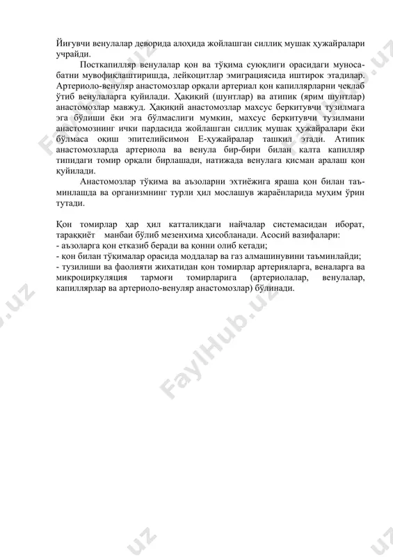 микроциркуляция тармоғининг қонни олиб кетувчи бўлими ҳисобланади. посткапилляр ва йиғувчи венулалар фарқланади. посткапилляр венулалар капиллярларга ўхшаш бўлиб, улардан йириклиги, баланд эндотелий билан қопланганлиги ва перицитлари кўплиги билан фарқ қилади. йиғувчи венулалар деворида алоҳида жойлашган силлиқ мушак ҳужайралари учрайди. посткапилляр венулалар қон ва тўқима суюқлиги орасидаги муносабатни мувофиқлаштиришда, лейкоцитлар эмиграциясида иштирок этадилар. артериоло-венуляр анастомозлар орқали артериал қон капиллярларни чеклаб ўтиб венулаларга қуйилади. ҳақиқий (шунтлар) ва атипик (ярим шунтлар) анастомозлар мавжуд. ҳақиқий анастомозлар махсус беркитувчи тузилмага эга бўлиши ёки эга бўлмаслиги мумкин, махсус беркитувчи тузилмани анастомознинг ички пардасида жойлашган силлиқ мушак ҳужайралари ёки бўлмаса оқиш эпителийсимон е-ҳужайралар ташкил этади. атипик анастомозларда артериола ва венула бир-бири билан калта капилляр типидаги томир орқали бирлашади, натижада венулага қисман аралаш қон қуйилади. анастомозлар тўқима ва аъзоларни эхтиёжига яраша қон билан таъминлашда ва организмнинг турли ҳил мослашув жараёнларида муҳим ўрин тутади. қон томирлар ҳар ҳил катталикдаги найчалар системасидан иборат, тараққиёт манбаи бўлиб мезенхима ҳисобланади. асосий вазифалари: - …
