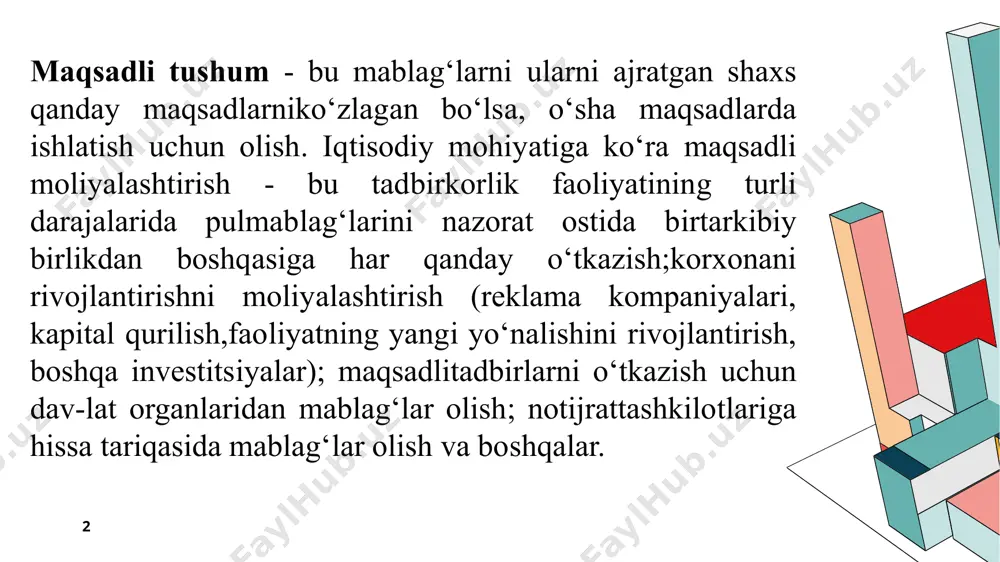 isodiyotni rivojlantirishga qiziqtirish, ilmiy-texnika va innovatsiya dasturlarini bajarish uchun ijtimoiyahamiyatli maqsadlar bo‘yicha korxonaga qaytarib olmasliksharti bilan davlat, shuningdek, nodavlat, xorijiy, xalqarotashkilotlar va fondlar tomonidan ko‘rsatiladigan gumanitar pulyoki moddiy-texnika yordamidir. grant mablag‘lari qat’iymaqsadli tayinlanishi bo‘yicha foydalaniladi. 6 7 grant ajratilgan hollarda tegishli grant ajratuvchi tashkilotva fondlar tomonidan korxonaga xabarnoma yuboriladi. ushbuxabarnomada ko‘rsatilgan summaga korxona quyidagicharasmiylashtiriladi: dt 4890 «boshqa debitorlarning qarzlari», kt 8810 «grantlar» schyoti. 8820«subsidiyalar» schyoti mavjud ajratilgansubsidiyalar, ya’ni iqtisodiyotni rivojlantirishgaqiziqtirish maqsadida ma’lum shartlar bilan davlattomonidan ko‘rsatiladigan pul yoki natura yordami harakati to‘g‘risidagi axborotni umumlashtirishuchun tayinlangan. 7 8 subsidiyalar ajratilgan hollarda xabarnomaga asosan ajratilgan subsidiyalar summasiga korxonada quyidagicha rasmiylashtiriladi: dt 4890«boshqa debitorlarning qarzlari», кt 8820«subsidiyalar» schyoti. 8 9 aktivlarga kiritiladigan subsidiyalar - bu uzoq muddatli aktivlarni muayyanqurilish loyihalari uchun sotib olish yoki qurish maqsadida xo‘jalik subyektlariajratadigan davlat subsidiyalaridir, ishga tushirish yoki xarid qilish muddatlari, ushbuaktivlarning muayyan joylashishi. daromadga kiritiladigan subsidiyalar - bu aktivlarga kiritiladiganlaridantashqari, davlatning har qanday boshqa subsidiyalari. qaytarmaslik asosidagi …