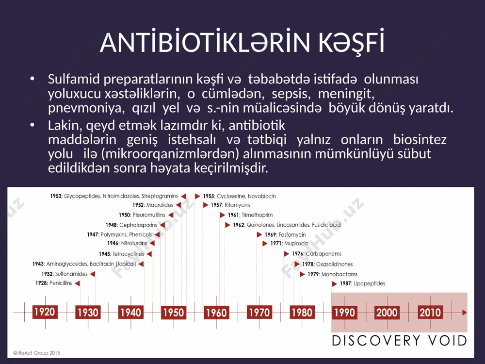 stəliyi, 10,6%-i göbələk əleyhin mübarizə xassəsi daşıyırlar. antibotiklər sintez edən mikroorqanizmlər. antibiotiklər bakteriya, aktinomiset, göbələk, ibtidai və ali bitkilər, eləcə də heyvanlar tərəfindən sintez olunurlar. bioloji mənşəyindən asılı olaraq antibiotik maddələr 7 qrupa ayrılır: eubacteriales sırasına aid olan əsil bakteriyalar tərəfindən sintez olunan antibiotiklər. onlar öz növbəsində 3 yerə bölünür: pseudomonas cinsli bakteriyaların əmələ gətirdikləri antibiotiklər: piosianin-p. aeroginosa, viskozin-p. viscosa; micrococcus, streptococcus, diplococcus, chromobacterium, escherichia, proteus cinsli bakteriyaların sintez etdikləri antibiotiklər: nizin - str. lactis, diplomitsin - diplococcus sp., prodiqiozin - chr. prodigiosum, koliformin - e. coli, protaptinl r - pr. vulgaris bacillus cinsli bakteriyalar tərəfindən sintez olunan antibiotiklər: qramitsinlər - bac. brevis, subtilin - bac. subtilis, polimiksinlər - bac. polymyxa. antibotiklər sintez edən mikroorqanizmlər. 2. budaqlanan bakteriyaların (streptomyces cinsli və ya actynomycetes sırası) sintez etdikləri antibiotiklər: streptomitsin - str. griseus (streptomycini), tetratsiklinlər - str. aurefaciens, str. rimosus, novobiosin - str. spheroides, antinomitsinlər - str. antibioticus. 3. natamam (fungi imperfecti) …