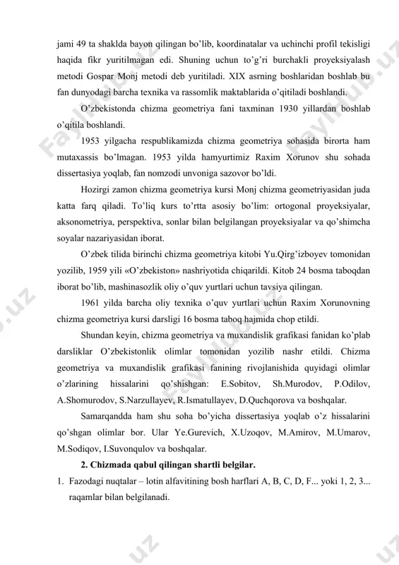 .suvonqulov va boshqalar. 2. chizmada qabul qilingan shartli belgilar. 1. fazodagi nuqtalar – lotin alfavitining bosh harflari a, b, c, d, f... yoki 1, 2, 3... raqamlar bilan belgilanadi. 2. fazodagi to’g’ri va egri chiziqlar – lotin alifbosining yozma harflari a, b, c... bilan belgilanadi. 3. tekislik – grek alfavitining bosma harflari (, (, (, (, ( ... bilan belgilanadi. 4. proyeksiyalar tekisligi – grek alfavitining bosma harflari bilan izohlangan, chunonchi (1 – gorizontal proyeksiyalar tekisligi, (2 – frontal proyeksiyalar tekisligi, (3 – profil proyeksiyalar tekisligi. 5. burchaklar – grek alfavitining yozma harflari (, ( va ( bilan belgilanadi. 6. maxsus chiziqlar – h – gorizontal, f – frontal chiziq. 7. aylanish o’qlari – i, j harflari bilan belgilanadi. 8. ustma-ust tushish - ( 9. o’zaro tegishlilik - ( 10. o’zaro kesishish – «(» 11. parallel – (( 12. perpendikulyar - ( 13. to’g’ri burchak - ( 14. «yoki» ma’nosi …
