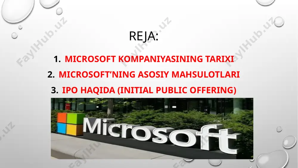rosoft bulut texnologiyalari va ai sohasida jadal rivojlandi. ☁️ 2. bulut texnologiyalari: microsoft azure 2008-yil: microsoft o‘zining bulut platformasi – azureni ishga tushirdi. azure orqali: kompaniyalar server va it infratuzilmasini onlayn xizmat sifatida ijaraga oladi. raqobatchilar: amazon aws, google cloud. bugungi kunda microsoft’ning eng katta daromad manbalaridan biri aynan azure hisoblanadi. 🧠 3. sun’iy intellekt (ai) va ilg‘or texnologiyalar microsoft ai'ni ko‘plab mahsulotlariga integratsiya qildi: copilot (word, excel ichida ai yordamchi) github copilot – dasturchilar uchun kod yozishni osonlashtiruvchi ai yordamchi. chatgpt va openai bilan hamkorlik – microsoft openai’ga katta investitsiya kiritdi (10 milliard $). ai’li office: word, excel, powerpoint kabi dasturlarga ai asosidagi tavsiyalar, avtomatik yozuvlar va tuzatishlar qo‘shildi. reja 2: microsoft mahsulotlari tahlili 🖥 microsoft windows – operatsion tizimlar 📌 windows nima? microsoft windows — bu microsoft kompaniyasi tomonidan yaratilgan eng mashhur operatsion tizim bo‘lib, kompyuter va foydalanuvchi o‘rtasidagi vositachi sifatida xizmat qiladi. windows yordamida foydalanuvchilar dasturlarni ishga …