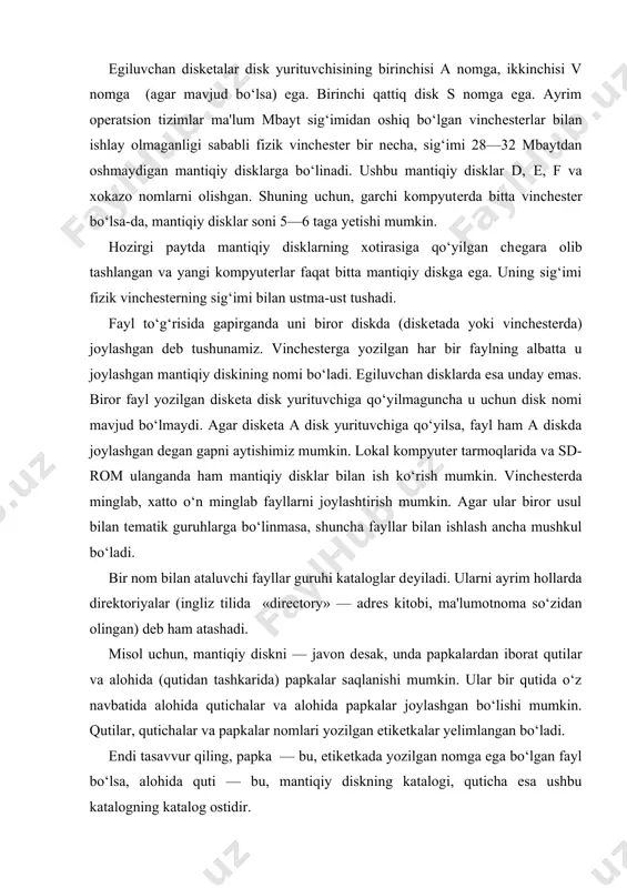 logning katalog ostidir. kataloglar, fayllarning to‘la ro‘yxati o‘zak katalogning mundarijasi dеyiladi va shu katalogda birinchi darajali kataloglar va alohida fayllar qayd etiladi. foydalanilgan adabiyotlar: 1. ahmedov a.,taylaqov n. informatika. akademik litsey va kasb-hunar kollejlar uchun darslik. — t.: o‘zbekiston, 2002. 2. «informatika va hisoblash texnikasi asoslari» t.x.holmatov, n.i.tayloqov. “o‘zbekiston milliy ensiklopediyasi” davlat ilmiy nashryoti 2001 y. 3. «informatika va axborot texnologiyalar» a.sattorov. тoshkent “o‘qituvchi” –2002. 4. “kompyuter bilan muloqotni o‘rganamiz” sh.narimov, m.najmiddinov. toshkent “moliya” – 2002 y. 5. ”informatika fanidan amaliy mashqlar to‘plami” a.mahmudov farg‘ona 2003 y.