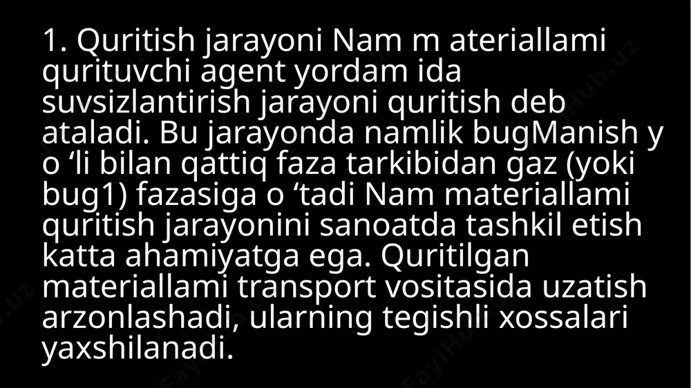 lim atsion quritish - mahsulot muzlagan holda yuqori vakuum ostida suvsizlantiriladi 2. quritish qurilm alari sanoatda turli tipdagi quritgichlar ishlatiladi. quritgichlar birbiridan turli belgilari bilan farq qiladi. nam m aterialga issiqlik berish usuliga ko'ra quritgichlar konvektiv, kontaktli va boshqa turdagi quritgichlarga bo'linadi. issiqlik tashuvchi sifatida havo, gaz yoki bug' ishlatilishi mumkin. quritish kamerasidagi bosimning qiymatiga ko'ra atmosferali va vakuumli quritgichlar farqlanadi. jarayonni tashkil qilish bo'yicha davriy va uzluksiz ishlaydigan quritgichlar ajratiladi. konstruktiv tuzilishiga ko'ra quritish uskunalari har xil bo'ladi. sanoatda javonli, kamerali, koridorli (tunneli), shaxtali, barabanli quvurli, shnekli, silindrsimon, turbinali, kaskadli, karuselli, pnevmatik, konveverli, sochib beruvchi va boshqa shu kabi quritgichlardan fovdalaniladi 2.1. tunnelli quritgichlar bunday tipdagi quritgichlar to ‘g ‘ri burchak kesimiga ega bo‘lgan uzun kameradan (koridordan) iborat bo'ladi. kamera ichida vagonetkalarning sekin harakatlanishi uchun tem ir y o ‘l izlari o ‘rnatiladi. koridorga kiruvchi va undan chiqadigan eshiklar zich yopiladi. vagonetkalarning ichiga nam material joylashtiriladi. qurituvchi agent (havo) …