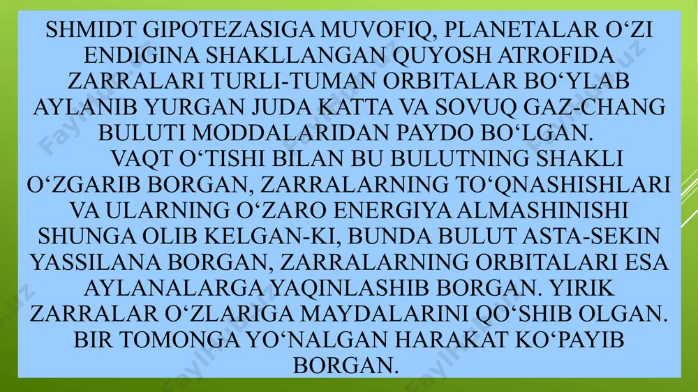 da) harakat qiladi; - barcha sayyoralar (urandan tashqari) va ularning ko‘pchilik yo‘ldoshlari ham o‘z o‘qi atrofida soat mili yo‘nalishiga qarshi harakat qiladi; - barcha sayyoralar (merkuriy va plutondan tashqari) orbitalari bir tekislikda joylashadi; - ularda bir-biridan tubdan farq qiladigan xususiyatlari mavjud. masalan, astronomik apparatlar yordamida tekshirish natijasida ma’lum bo‘lishicha, ichki sayyoralar atmosferasi tashqilarnikiga qaraganda ancha siyrak. merkuriyda atmosfera yo‘q, venera va marsda so2 dan iborat juda zich atmosfera. tashqi sayyoralar atmosferasi juda qalin, zich bo‘lib, asosan metan, ammiak va vodoroddan iborat. gigant sayyoralar ichki sayyoralarga qaraganda o‘z o‘qlari atrofida juda katta tezlik bilan aylanadilar. plutonning fizik tabiati, gigant sayyoralardan tubdan farq qilganligi uchun uni tashqi sayyoralar qatoriga qo‘shib bo‘lmaydi. saturn ham o‘ziga xos, uning atrofida xuddi yo‘ldoshlari kabi son-sanoqsiz mayda jismlardan tashkil topgan xalqalar tizimi aylanadi. xalqalarning eni 70000 km, qalinligi 5 km. quyosh sistemasida 40000 ga yaqin kichik sayyoralar (asteroidlar) borligi taxmin qilinsa-da, ammo shulardan 2 mingtasi topilib, orbitalari …