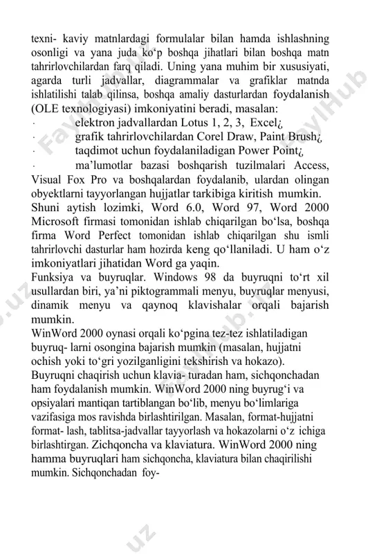 niyatlari jihatidan word ga yaqin. funksiya va buyruqlar. windows 98 da buyruqni to‘rt xil usullardan biri, ya’ni piktogrammali menyu, buyruqlar menyusi, dinamik menyu va qaynoq klavishalar orqali bajarish mumkin. winword 2000 oynasi orqali ko‘pgina tez-tez ishlatiladigan buyruq- larni osongina bajarish mumkin (masalan, hujjatni ochish yoki to‘gri yozilganligini tekshirish va hokazo). buyruqni chaqirish uchun klavia- turadan ham, sichqonchadan ham foydalanish mumkin. winword 2000 ning buyrug‘i va opsiyalari mantiqan tartiblangan bo‘lib, menyu bo‘limlariga vazifasiga mos ravishda birlashtirilgan. masalan, format-hujjatni format- lash, tablitsa-jadvallar tayyorlash va hokazolarni o‘z ichiga birlashtirgan. zichqoncha va klaviatura. winword 2000 ning hamma buyruqlari ham sichqoncha, klaviatura bilan chaqirilishi mumkin. sichqonchadan foy- dalanish dastur bilan ishlashni ancha osonlashtiradi. qoidaga ko‘ra buyruq- ni chaqirish uchun sichqonchaning chap klavishasi ishlatiladi, u orqali belgilash, bajarish va obyektni ko‘chirish kabi buyruqlarni bajarish mumkin. winword 2000 da ishlash jarayonida sichqoncha va kiritish ko‘rsatkichini farqlash zarur. matn kiritish ko‘rsatkichi turgan joydan boshlab kiritiladi, uni esa ko‘rsatkichni …
