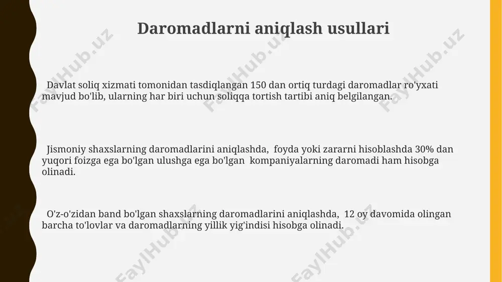 mad miqdori, soliq stavkasi va soliq to'lov muddatlarini aniqlash uchun zarur bo'lgan ma'lumotlarni o'z ichiga oladi, masalan, soliq imtiyozlari va chegirmalari. investitsiyalar daromadi investitsiyalar daromadi, soliq solinadigan daromadning umumiy miqdoriga 20% dan 30% gacha hissa qo'shishi mumkin, bu esa investitsiya turini va daromad miqdorini hisobga olgan holda farqlanadi. agar investitsiyalar daromadi 10 million so'mdan oshsa, unda yuqori soliq stavkalari qo'llanilishi mumkin, bu esa to'lanadigan soliq miqdorini sezilarli darajada oshiradi. investitsiyalar daromadining 50% gacha bo‘lgan qismi dividendlar va foizlar shaklida olinishi mumkin, qolgan qismi esa aktivlarning qiymatining oshishi hisobidan hosil bo‘ladi. ish haqi daromadi o'zbekistonda ish haqi daromadiga nisbatan qo'llaniladigan soliq stavkasi progressiv bo'lib, daromad miqdoriga bog'liq holda 10% dan 25% gacha o'zgaradi. ish haqi daromadi, soliq solinadigan umumiy daromadning muhim qismini tashkil etadi va 2023-yil uchun o'rtacha 15 million so'mdan ortiq bo'lgan daromadlar yuqori soliq stavkalariga tortiladi. ish haqi daromadiga qo'shimcha ravishda, bonuslar, mukofotlar va boshqa qo'shimcha to'lovlar ham soliqqa …