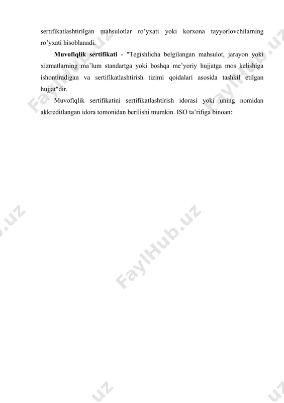 fikatlashtirish idorasining nomi va manzili; -tayyorlovchining nomi va manzili; -mahsulotni va uning to’dasini belgilanishi, seriya raqami, sertifikatlashtirishga tegishli bo’lgan model yoki mahsulot turi; -tegishli standartga havola; -vakil-shaxsning imzosi va vazifasi. quyidagi keltirilgan hollarda sertifikat bekor qilinishi mumkin: -agar mahsulot (buyum, mol)ning tarkibiga yoki uni ishlab chiqarish texnologiyasiga o’zgartirishlar kiritilsa, bu esa o’z navbatida sertifikatlashtirish bo’yicha qilinayotgan tekshiruvda uning tavsiflariga o’zgarishlar olib kelsa, hamda shu mahsulot namunalarining sinovlari qo’shimcha bayonnomadagi standart talablariga mosligi tasdiqlanmasa; -ishlab chiqarish texnologiyasining buzilishi va korxona-tayyorlovchi mahsulotining sifati pasaysa yoki material bilan ta’minlovchi tomonidan komplektlash detallari, yig’ish qismi tegishli standartlar talablarini buzilishiga olib kelsa. sertifikatlashtirish natijalarini, tizim idorasi tomonidan sertifikatlashtirish ishlari to’g’risidagi ma’lumotlarni har doim chop etilishi lozim. bu ma’lumotlar quyidagilarni o’z ichiga oladi: -sertifikatlashtirilgan mahsulot ro’yxati; -akkreditlangan sinov tashkilotlarining ro’yxati; -attestatlangan korxonalardagi sertifikatlashtirilgan mahsulot ro’yxati; -sertifikatlashtirish hujjatlarining ro’yxati. bu ro’yxatlarni sertifikatlashtirish milliy idorasi bo’yicha qilinadigan ishlarda qatnashuvchi vazirliklarga yuboriladi. sertifikatlashtirilgan mahsulotni davlat ro’yxatiga olish. iste’molchilarni muayyan …