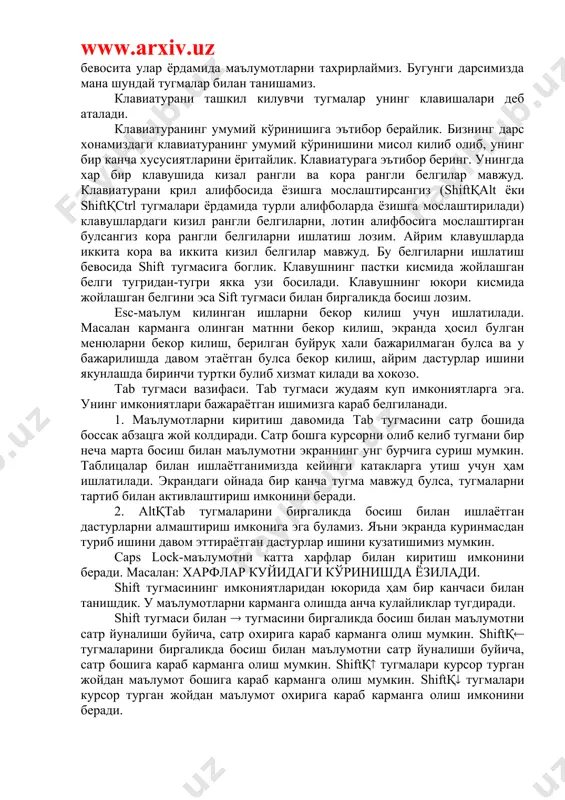 дастурларни алмаштириш имконига эга буламиз. яъни экранда куринмасдан туриб ишини давом эттираётган дастурлар ишини кузатишимиз мумкин. caps lock-маълумотни катта харфлар билан киритиш имконини беради. масалан: харфлар куйидаги кўринишда ёзилади. shift тугмасининг имкониятларидан юкорида ҳам бир канчаси билан танишдик. у маълумотларни карманга олишда анча кулайликлар тугдиради. shift тугмаси билан ( тугмасини биргаликда босиш билан маълумотни сатр йуналиши буйича, сатр охирига караб карманга олиш мумкин. shiftқ( тугмаларини биргаликда босиш билан маълумотни сатр йуналиши буйича, сатр бошига караб карманга олиш мумкин. shiftқ( тугмалари курсор турган жойдан маълумот бошига караб карманга олиш мумкин. shiftқ( тугмалари курсор турган жойдан маълумот охирига караб карманга олиш имконини беради. cpace(пробел)-клавиатурадаги узун клавуш. унинг вазифаси икки суз орасида буш жой колдиради. икки суз орасида буй жой колдириш учун у бир марта босилади. клавиатурага эътибор беринг, ctrl ва alt тугмалари уртасидаги тугма пуск менюсини активлаштириш учун хизмат килади. бу тугма клавиатурада иккита. клавиятуранинг унг томонидаги шу тугма ёнидаги тугма эса …