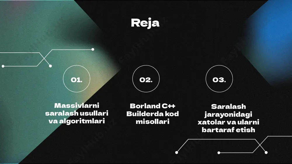 b: elementlarning noto'g'ri joylashuvi. 2. barcha elementlarni hisobga olmaslik: ba'zi elementlar o'tkazib yuborilishi. 3. saralash vaqtida xatoliklar: dasturiy ta'minotdagi muammolar va noaniqliklar. xatolarni bartaraf etish usullari 1. diagnostika o'tkazish: xatolarni aniqlash va tahlil qilish. 2. saralash jarayonini optimallashtirish: samaradorlikni oshiradigan algoritmlar. 3. dasturiy ta'minotdagi xatolarni tuzatish: kodni qayta ko'rib chiqish. misollar va amaliyotdan olingan tajribalar amaliyotda saralash jarayonida uchraydigan muammolarni ko'rish va ularni hal qilishda yordam beradigan misollar. misol uchun, noto'g'ri tartibda joylashgan massivlar va ularni to'g'ri saralash jarayoni. qo'shimcha tavsiyalar saralash jarayonida xatolarni kamaytirish uchun algoritmlarni sinovdan o'tkazish va optimallashtirish tavsiya etiladi. tajribalar natijalari asosida xatolarni aniqlash va bartaraf etish uchun yangi usullar ishlab chiqish. borland c++ builderda massivlarni saralash uchun kod misollari borland c++ builderda massivlarni saralash jarayoni ko'plab dasturlash algoritmlaridan foydalanishni talab etadi. ushbu jarayonning asosiy maqsadi massivdagi elementlarni ma'lum bir tartibda joylashtirishdir. quyida ayrim saralash algoritmlarining kod misollari va ularning tushuntirishlari keltirilgan: 1. **bubble sort:** bu …