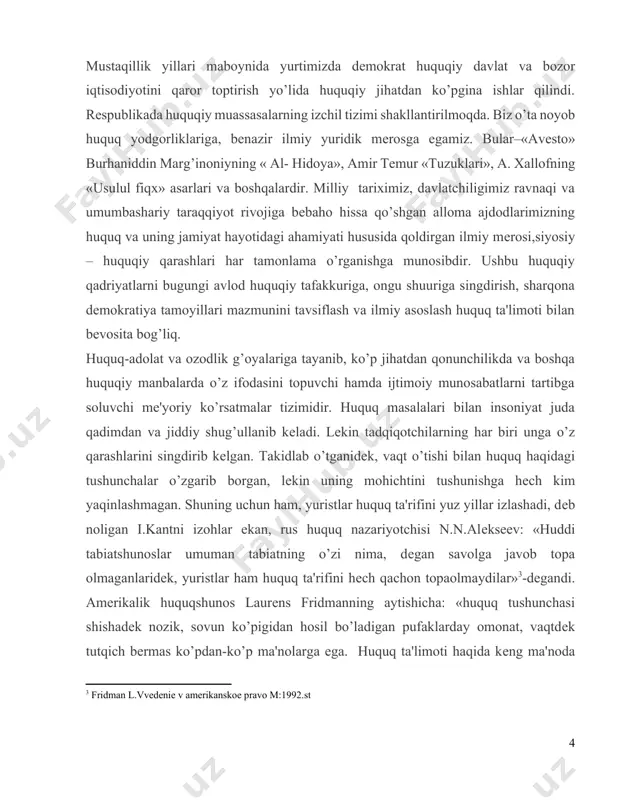 tizimi» va xokazolar kiradi. davlat va huquq nazariyasi - bu davlat va huquq huquqiy qarashlar, g’oyalar va bilimlar tizimidir. u davlat va xuquqning paydo bo’lishi, rivojlanishi va barham topishi umumiy qonuniyatlarini o’rganadi. metodologik fan sifatida- yurisprudensiya uchun asosiy tushunchalar, kategoriyalar, umumiy yondashuvlar, metodlar ishlab chiqadi metod- biror narsaga erishish yo`li, bilish usuli, tabiat va ijtimoiy hayot hodisalarini o`rganish, bilish, tadqiq etish usuli davlat va huquq nazariyasi metodologiyasi- o`z predmeti, tadqiqot mavzulari o`rganish, va talil etishda qo`llanadigan metodlar yig`indisi, hosil qilinadigan bilimlarning umumlashtirish, tizimlashtirish, tasniflash. davlat-huquqiy institutlarni vujudga kelishi, barqarorlashuvi va rivojlanishining umumiy qonuniyatlarini ochish, ularni mohiyat nuqtai-nazardan izohlashning maxsus metodlari, prinsiplari va vositalari ilmiy tizimi. davlat va huquq nazariyasi fanining obyekti- davlat va huquq. obyekt- fan qaysi narsalar haqida bilim yaratib, uni tizimga solsa, shu narsa uning obyektimetodologik fan sifatida- yurisprudensiya uchun asosiy tushunchalar, kategoriyalar, umumiy yondashuvlar, metodlar ishlab chiqadi. davlat va huquq nazariyasi fani metodlari- a) umumiy ilmiy- dialektika, …