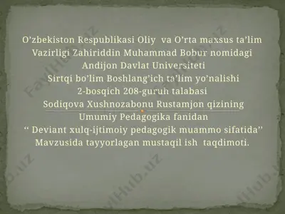 sodiqova xushnoza bonu rustamjon qizining ta'limiy taqdimoti — PPTX