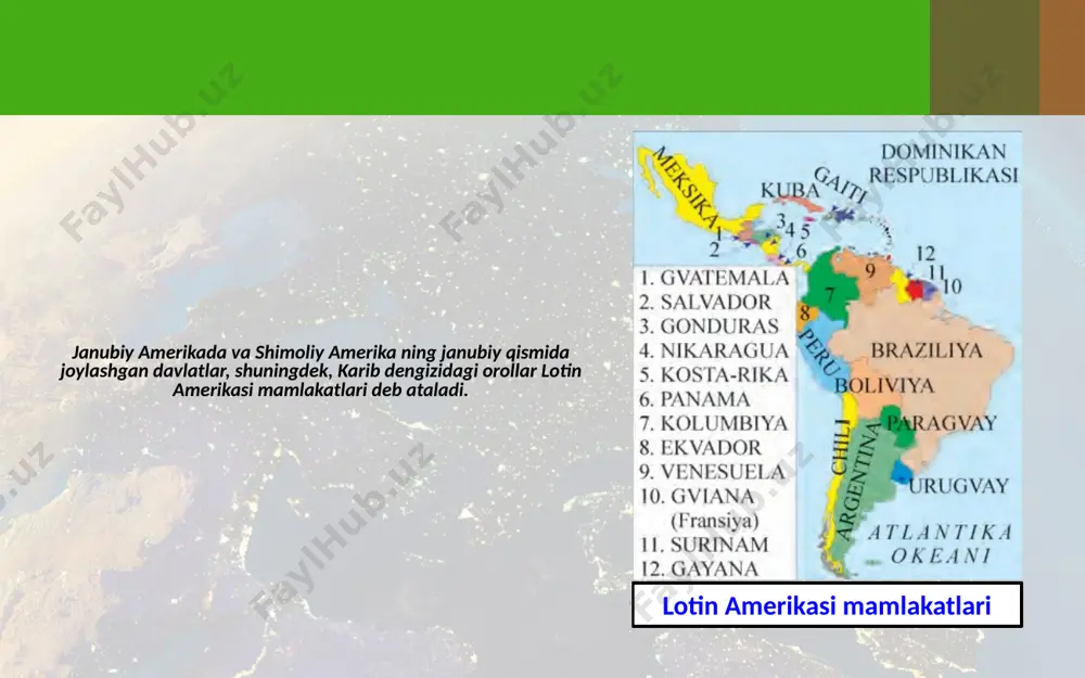 atlari bo‘ldi. birinchi jahon urushi yillarida lotin amerikasiga yevropa davlatlari e’tiborining susayishidan foydalangan aqsh kapitali markaziy va janubiy amerikaga kirib keldi. 1933-yili aqsh prezidenti franklin ruzvelt o‘z hukumatining lotin amerikasi davlatlariga intervensiya uyushtirmasligini va boshqa ko‘rinishda bu davlatlarning ichki ishlariga aralashmasligini hamda ular bilan «yaxshi qo‘shnichilik» munosabatlari o‘rnatishini e’lon qildi bu lotin amerikasiga nisbatan aqsh siyosatining o‘zgarganligini, ekspansiyaning yumshoqroq shakliga o‘tilganligini anglatdi va amerika qit’asi davlatlari o‘rtasida o‘zaro munosabatlarning yaxshilanishida ijobiy qadam bo‘ldi. savol va topshiriqlar 1. birinchi jahon urushi lotin amerikasi mamlakatlari rivojiga qanday ta’sir ko‘rsatdi? 2. 1920-yillarda lotin amerikasi mamlakatlarida qanday siyosiy tuzumlar shakllandi? jamiyatda avtoritar va diktatorlik rejimlari uchun qanday asoslar mavjud edi? 3. 1920-yillarda lotin amerikasi mamlakatlarida o‘tkazilgan islohotchilik qanday yo‘nalishlarda olib borildi? argentinadagi i. irigoyen faoliyatiga baho bering. 4. 1929 – 1933-yillardagi jahon iqtisodiy inqirozi lotin amerikasi mamlakatlariga qanday ta’sir ko‘rsatdi? 5. 1930-yillarda aqshning lotin amerikasi mamlakatlariga nisbatan munosabatida qanday o‘zgarishlar yuz berdi? image2.jpg image3.emf …