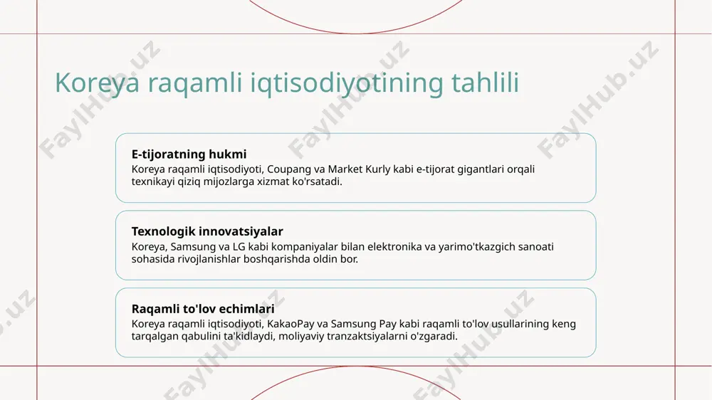 foydalanuvchilarining 90% dan ortiqiga smartfonlarga ega bo'lishi bilan mobil tijorat koreyada rivojlanmoqda, kakaotalk kabi dasturlar savdolarni oshiradi. xalqaro e-tijoratning rivojlanishi koreyalik mijozlar amazon va ebay kabi tashqi e-tijorat platformalariga mahsulotlarning kengroq tanlovini qidirib topishadi. koreya raqamli iqtisodiyotida innovatsiya va texnologiya 1 2 3 texnologiya startaplariga davlat qo'llab-quvvatlash 5g texnologiyalarni amalga oshirish elektron savdo hukmronligi janubiy koreya hukumati innovatsiyani rivojlantirish uchun tijoratlar va soliq imtiyozlari taqdim etadi, coupang va kakao kabi kompaniyalarning rivojlanishini qo'llab-quvvatlaydi. koreya 5g texnologiyasida jahon lideri bo'lib, tez internet tezligi, yaxshi aloqalar, va sun'iy intellekt va iot sohalarida rivojlanishlarni ta'minlaydigan keng tarqalgan o'rnatishlariga ega. koreya naver va gmarket kabi elektron savdo gigantlari onlayn xarid qilishni inqilobga olib chiqardi, turli mahsulotlar, samarali etkazib berish xizmatlari, va innovatsion to'lov echimlari taklif etish orqali mamlakatning raqamli iqtisodiyotini yanada rivojlantiradi. koreya raqamli iqtisodiyotini qo'llab-quvvatlovchi hukumat siyosatlari 1 2 3 raqamli infrastrukturaga investitsiyalar raqamli boshlang'ichlarni qo'llab-quvvatlash raqamli iqtisodiyot uchun tartibot tizimi koreya hukumati …