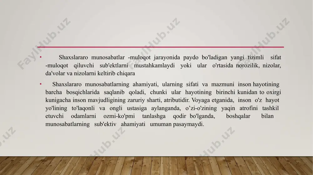 si qanchalik xilma- xil va boy bo„lsa, shunchalik uning taraqqiyoti muvaffaqiyatli amalga oshadi. v.m. bexterev muomalaning ijtimoiy roli va funksiyasini tahlil etishda uning ko’rinishlari bo„lmish taqlid va ta’sirlanish ahamiyatiga to’xtaladi. uning fikricha, taqlid bo’lmasa, shaxs ham yuzaga kelmas edi. chunki, taqlid o’z materialini muomaladan olishini uqtiradi. тa’sirlanish esa ijtimoiy jarayonlar namoyon bolishining omili tariqasida qaraladi. v.m. bexterev muomalani shartli ravishda bevosita va bilvosita turlarga ham ajratadi. bilvosita muomala tarkibiy qismlari sifatida xat, telefon, telegramma ,erkalash, urishish va boshqalarni olsa, bevosita muomala turiga nutqni kiritadi. shuni ta’kidlash joizki, muomalani eksperimental o’rganish ishi v.m. bexterev tomonidan amalga oshirilgandir v.n. myasishevning «shaxsning munosabatlar psixologiyasi» konsepsiyasiga ko’ra shaxsning «dialogik» xususiyati, muomala xarakterining shaxsiy tajribasi va boshqa odamlar bilan o’zaro munosabat mahsuli sifatida namoyon bo’ladi. shu tufayli shaxsda qiziqish darajasi, emotsiya kuchi, xohish, ehtiyoj, ijtimoiy yo’nalganlik kabi shaxsni harakatlantiruvchi ichki kuchi tarkib topadi va bu uning kechinmalari, xulqida, harakatida ifodalanadi. v.n. myasishevning shaxslararo munosabatlar psixologiyasiga …