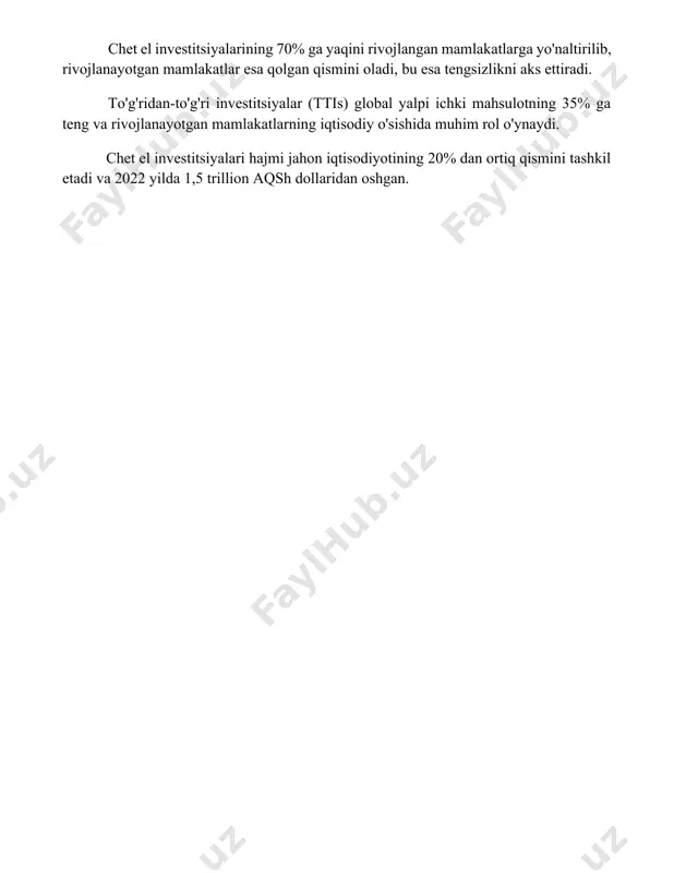 ordam va texnik ko'mak ko'rsatib, 2022 yilda 60 milliard aqsh dollaridan ortiq mablag' ajratdi. chet el investitsiyalari va to'g'ridan-to'g'ri investitsiyalar chet el investitsiyalarining 70% ga yaqini rivojlangan mamlakatlarga yo'naltirilib, rivojlanayotgan mamlakatlar esa qolgan qismini oladi, bu esa tengsizlikni aks ettiradi. to'g'ridan-to'g'ri investitsiyalar (ttis) global yalpi ichki mahsulotning 35% ga teng va rivojlanayotgan mamlakatlarning iqtisodiy o'sishida muhim rol o'ynaydi. chet el investitsiyalari hajmi jahon iqtisodiyotining 20% dan ortiq qismini tashkil etadi va 2022 yilda 1,5 trillion aqsh dollaridan oshgan. 📌xulosa xalqaro iqtisodiy munosabatlar va faoliyat global integratsiya va o'zaro bog'liqlikning o'sishini, shu bilan birga, yangi tahdidlar va imkoniyatlarni yaratadi. ushbu jarayonlarning ta'sirini tushunish va boshqarish muhim ahamiyatga ega. 📚foydalanilgan adabiyotlar 1. krugman, p. r., obstfeld, m., melitz, m. j. (2018). xalqaro iqtisodiyot. (international economics) 2. feenstra, r. c., taylor, a. m. (2017). xalqaro savdo. (international trade) 3. baldwin, r., martin, p. (2019). xalqaro savdo siyosati
