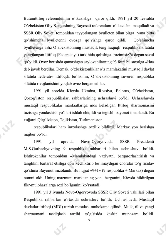 a loyihasi o’zbekiston oliy sovetida 1991 yil 14 iyunda muhokama qilindi. kengash federatsiya tamoyillari asosida mustaqil davlatlar ittifoqini tuzish tarafdori ekanligini bildirdi. shu bilan birga u respublikalar vakolatlarini yanada kengaytirishga doir takliflarni ilgari surdi. 1991 yil iyul oyining oxirlarida novo-ogoryovoda yangi shartnoma loyihasini uzil-kesil tayorlash uchun markaz vakillari va respublika rahbarlarining uchrashuvi bo’ldi. markazni ham, respublikalar rahbarlarini ham qanoatlantiradigan «mustaqil davlatlar ittifoqi to’g’risida shartnoma» loyihasi tayyorlandi. ammo hamma rozi bo’lgani holda «mustaqil davlatlar ittifoqi to’g’risidagi shartnoma»ni imzolash 1991 yil 20 avgust kuniga qoldirildi. sssr prezidenti m.s.gorbachyov foros (qrim)ga dam olish uchun jo’nab ketdi. 1991 yil avgust voqealari markaziy hokimiyatni saqlab qolish, respublikalarga mustaqillik bermaslik payida yurganlar uchun qandaydir bir «imkoniyat» vujudga kelgan edi. ana shu kuchlar tomonidan 1991 yil avgustda markaziy hokimiyatni avvalgi maqomida saqlab qolish maqsadida fitna tayyorlandi va sssr da favqulodda holat davlat qo’mitasi (fhdq) tuzildi. uning boshliqlari g.i.yanaev – sssr vitseprezidenti, o.d.baklanov – sssr mudofaa kengashi raisining …
