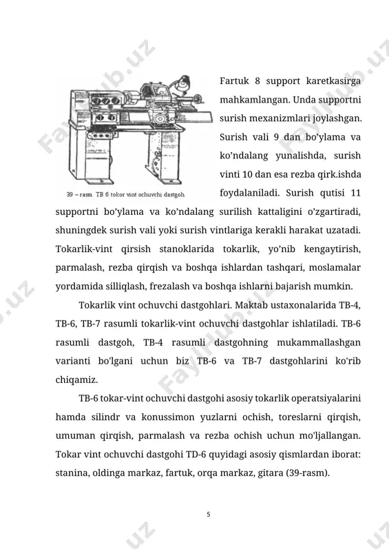 ishli g’ildirakka ilashadi bu g’ildirak esa staninaga mahkamlangan tishli reyk 7 ga doimiy ilashgan bo’ladi. mexanik surish yurish valchasi 2 dan sirpanuvchan shpolkaga o’rnatilgan chervyak 9 orqali amalga oshadi. chervyak g’ildirak 6 ni aylantiradi va harakat kulachok muftasi orqali hamda tishli g’ildiraklar 4 va 8 orqali reyk shesternyasiga uzatiladi. mexanik surilishni boshlash uchun dasta 13 ni o’ziga tomon burish kerak. yurish vaqti 11 dan mexanik surish dastasi 12 dan pastga burish bilan bajariladi. shunda ajraladigan gayka 10 ning ikkala yarmi yurish vintiga birikadi. rezba ochishda tishli g’ildirakni knopka 3 yordamida reykaga ishlashishdan chiqarish lozim. xavfsiz ishlash uchun dastgohning barcha harakatlanadigan qismlari giloflangan. keskich tutgich ustidagi ko’tarma ekran 8 va tokarlik patronining g’ilofi 6 elektroblok bilan jihozlangan. shuning uchun g’ilof va ekran yopiq holatda turganidagina dastgohni ishga tushirish mumkin. tezliklar qutichasi silindrsimon tishli uzatmalardan iborat bo’lib, ular ham tasmali uzatmalar singari uzatish soni bilan xarakterlanadi. shpindelning aylanish chastotasini o’zgartirish uchun tezliklar …