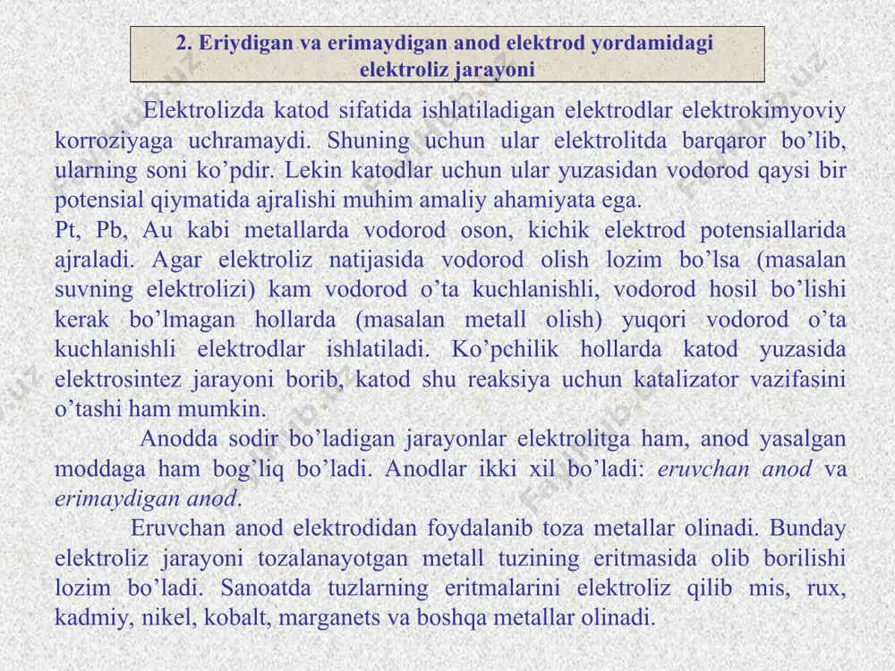 е пособие. -м.: «интеграл-пресс». 2007. 6 abdullayev m. t., ergashev o. k., xayitov b. a. kimyo. o‘quv qo‘llanma. t.: yoshlar nashriyot uyi, 2020 yil. 7. тураев з. химия. учебник. ташкент, lesson press, 2022 г, 502 с. axborot manbaalari 1. www.lex.uz - o’zbekiston respublikasi qonun xujjatlari ma’lumotlari milliy bazasi 2. www.ziyonet.uz - o’zbekiston respublikasi ta’lim portal. 3. www.bilim.uz 4. www.gov.uz 5. www.chemport.ru h oksidlanis cl e cl anodda h qaytarilis cu e cu katodda 0 2 0 _ 2 2 2 : 2 : ® - ® + - - + - - + ® + он н е о н 2 2 2 2 2 ­ + ­ + ¾ ¾ ¾ ® ¾ + 2 2 2 2 2 2 cl h naoh o h nacl elektroliz ­ + = - + ­ = + - - + 2 2 2 2 2 4 4 2 2 4 2 …