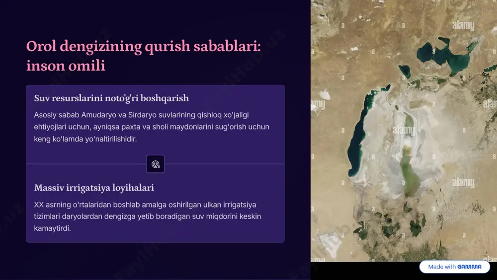 hlari olib borilmoqda. jahon bankining ko'magi jahon banki "shimoliy orol"ni tiklash bo'yicha loyihalarni moliyalashtirib, dambalar qurish va suv omborlarini yaratishga yordam bermoqda. yevropa ittifoqi tashabbuslari yevropa ittifoqi mintaqaviy suv resurslarini boshqarishni takomillashtirishga qaratilgan tashabbuslarni qo'llab-quvvatlamoqda. https://gamma.app/?utm_source=made-with-gamma kelajakdagi choralar: barqaror suv resurslarini boshqarish orol dengizini to'liq tiklash imkonsiz bo'lsa-da, kelajakda uning ekologik holatini yaxshilash va mintaqa aholisining hayotini yengillashtirish uchun barqaror choralar zarur. suv tejovchi texnologiyalarni keng joriy etish. qishloq xo'jaligida suvga kam talabchan ekinlarni ekishga o'tish. mintaqaviy suv resurslarini boshqarish bo'yicha xalqaro hamkorlikni kuchaytirish. dengizning qurigan tubida o'rmonlashtirish va o'simliklar ekish. https://gamma.app/?utm_source=made-with-gamma xulosa: orol dengizi fojiasi 3 ogohlantiruvchi hikoya orol dengizining qismati insoniyatga o'z harakatlarining uzoq muddatli oqibatlari haqida chuqur o'ylashga undaydi. bu ekologik halokat tabiat resurslariga ehtiyotkorona munosabatda bo'lish, barqaror rivojlanish va xalqaro hamkorlikning zarurligini yaqqol ko'rsatadi. orol dengizi fojiasi kelajak avlodlar uchun qimmatli saboq bo'lib xizmat qiladi. https://gamma.app/?utm_source=made-with-gamma