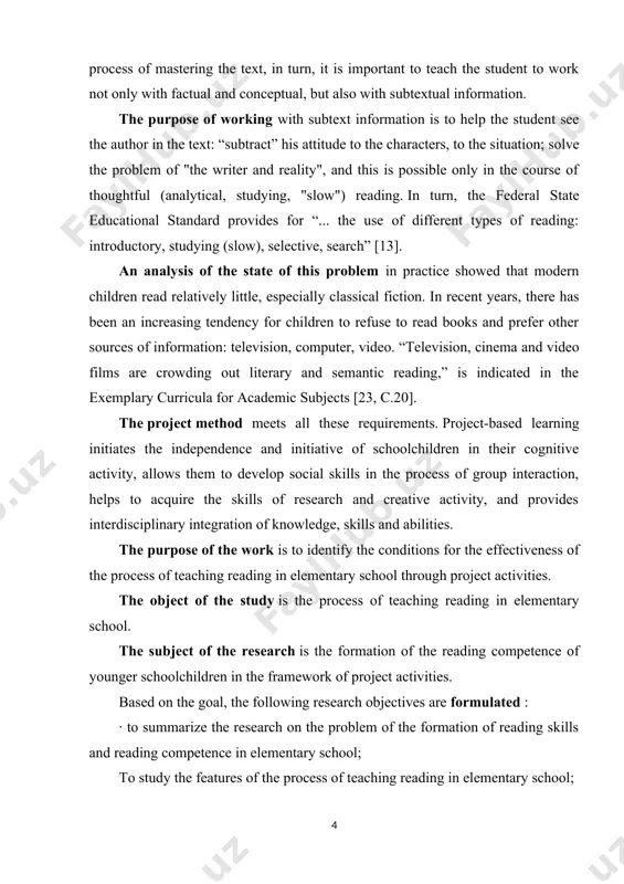 s, standards, programs, scientific domestic and foreign literature, teaching aids and educational and methodological complexes for teaching reading to younger students; · empirical methods - observation, questioning, study and generalization of pedagogical experience, modeling of the educational process in elementary school; experiential learning; project activity; · descriptive-analytical methods - qualitative and quantitative analysis of the results of experimental learning. the practical significance of the study. methodological recommendations for the organization of project activities in the process of forming the reading competence of elementary school students have been developed and substantiated. the materials of the study were introduced into the practice of the work of secondary school no. 5 in yaroslavl. scope and structure of work. the final qualifying work consists of an introduction, 2 chapters, a conclusion, conclusions, a list of references, including 43 titles. the text of the work contains 8 tables. chapter 1. reading as a type of …