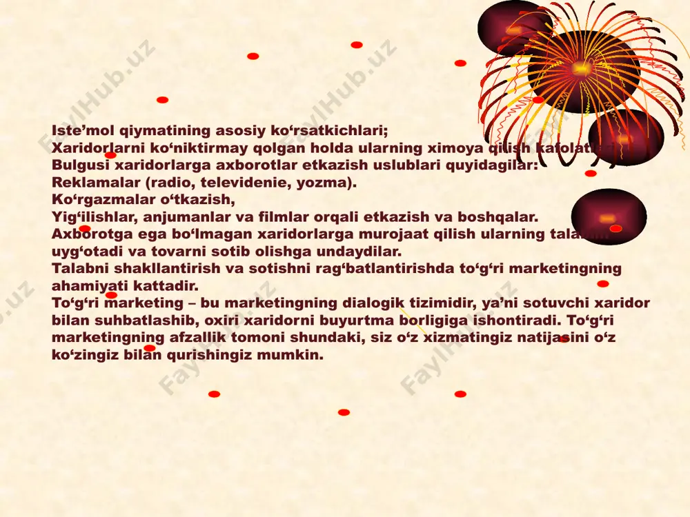 nadi. siz kim uchun tovar ishlab chiqargan bo‘lsangiz, o‘sha sizning maqsadli auditoriyangiz hisoblanadi. masalan, aholining ma’lum bir qatlami, ayollar, yoshlar, biznesmenlar va boshqalar. reklama qilishdan asosiy maqsadni aniqlash. siz turli maqsadlarda tovaringizni reklama qilishingiz mumkin. bu maqsadlarni quyidagi turlarga bo‘lish mumkin: a) tovar haqida ma’lumot berish – bunda xaridorlar shunday tovarlar borligi, tovarning nomi, markasi haqida ma’lumotlarga ega bo‘ladilar. b) xaridorlarning tovar haqidagi bilimlarini oshirish – bunda xaridor tovar haqida ma’lumotga ega bo‘lishi mumkin, lekin bu ma’lumotlar etarli bo‘lmasligi mumkin. o‘shanda tovar haqida to‘liq ma’lumot beriladi. v) xaridorni tovarga bo‘lgan munosabatini ijobiy tomonga o‘zgartirish – bunda asosan xaridorning tovar haqidagi fikri va tovarga bo‘lgan munosabati yaxshi bo‘lmagan holda foydalaniladi. ya’ni kommunikator xaridorlar tovarni yoqtirmasliklari sababini aniqlab, reklama orqali o‘sha kamchiliklarni bartaraf etilganligini ko‘rsatib berishi kerak. g) xaridorlarni ishontirish. buning uchun ishontiruvchi reklamadan foydalaniladi. bunda sizning tovaringizning raqobatchilar tovarlaridan ustunliklari va uning foydaliligi ko‘rsatiladi. ishontirishning asosiy vositalaridan biri bu omma bilan …