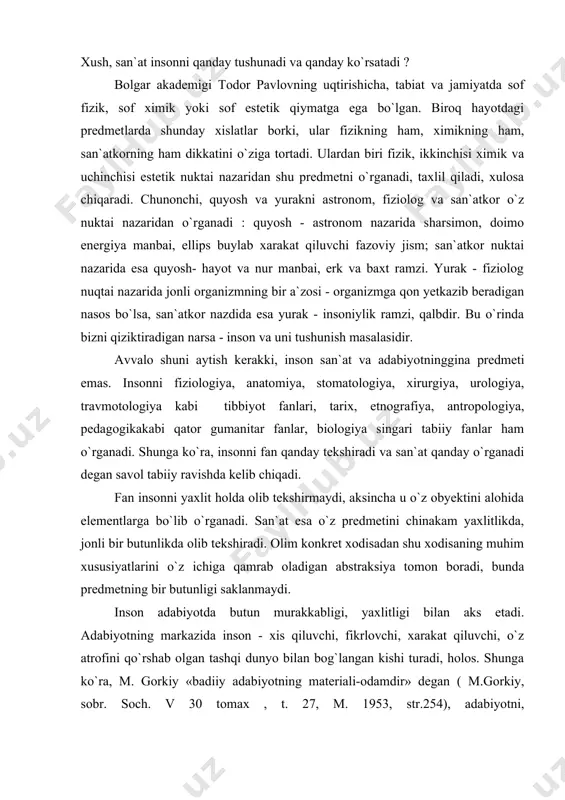 etilishi lozim. san`at go`zallik qonuniyati asosida ish tutadi. adabiyotlar 1.аdаbiyot nаzаriyasi. ikki jildlik.-t.: «fаn», 1978-1979. 2.аlishеr nаvоiy. mеzоn ul аvzоn. аsаrlаr. o’n bеsh tоmlik. 14-tоm.t.: «fаn», 1967. 3.аrаstu. pоetikа. аhlоqi kаbir-t.: «yangi аsr аvlоdi», 2004 4.vаlixo’jаеv b. o’zbеk аdаbiyotshunоsligi tаrixi.-t.: «o’zbеkistоn»,1993. 5.sultоnоv i. аdаbiyot nаzаriyasi.-t.: «sharq», 2006. 6.fitrаt. аdаbiyot qоidаlаri.-t.: «o’qituvchi»,1995. 7.оlimоv m. risоlаi аruz.-t.: «yozuvchi», 2002 8.rаhmоnоv v. shе`r sаn`аtlаri.-t.: «yozuvchi», 2001. 9.hоjiаhmеdоv а. mumtоz bаdiiyat mаlоhаti.-t.: «shаrq», 1999 10. аdаbiy tur vа jаnrlаr. uch jildlik. t. “fаn”, 1991 – 1992.