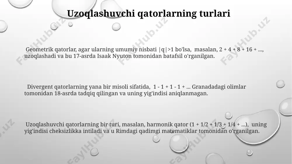 oshkentdagi matematika fakultetida o'rganiladi. uzoqlashuvchi qatorlarning qisman yig'indilari cheksiz ko'p xil qiymatlarni qabul qilishi mumkin; bu qatorning uzoqlashuvchi ekanligini ko'rsatadi. masalan, -2 + 4 - 8 + 16 -… qatori samarkanddagi universitetda tahlil qilingan. yaqinlashuvchi va uzoqlashuvchi qatorlarning ta'rifi yaqinlashuvchi qatorlarning yig’indisi, masalan, 1 + 1/2 + 1/4 + 1/8 + ... qatori 2 ga yaqinlashadi va bu 2 soniga chegaralanuvchi qiymatga ega bo'ladi, bu esa evklid geometriyasi printsiplariga mos keladi. divergent qatorlar, masalan, 1 + 2 + 3 + 4 + ..., cheksiz o'sib boradi va hech qanday chegaraviy qiymatga ega emas, bu esa, masalan, samarqanddagi tarixiy binolarning sonini hisoblashga o'xshamaydi. agar qatorning qisman yig’indilar ketma-ketligi 1000 ga yaqinlashsa, ya'ni |sn - l| < 0.001 bo'lsa, u holda bu qator tokiodagi o'ta aniq o'lchov asboblari bilan o'lchanganidek, yaqinlashuvchi deb hisoblanadi. e'tiboringiz uchun rahmat @taqdimot_robot image1.png image2.png image3.png
