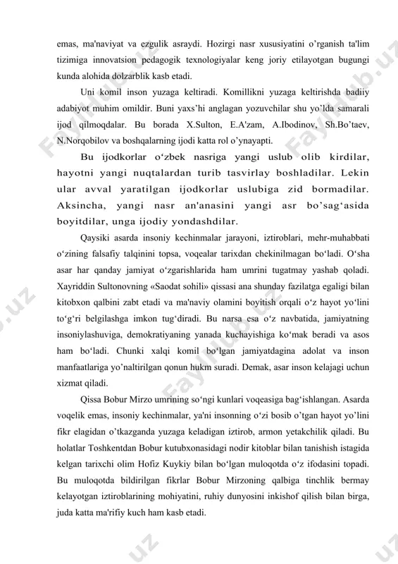 ologiyalar keng joriy etilayotgan bugungi kunda alohida dolzarblik kasb etadi. uni komil inson yuzaga keltiradi. komillikni yuzaga keltirishda badiiy adabiyot muhim omildir. buni yaxs’hi anglagan yozuvchilar shu yo’lda samarali ijod qilmoqdalar. bu borada x.sulton, e.a'zam, a.ibodinov, sh.bo’taev, n.norqobilov va boshqalarning ijodi katta rol o’ynayapti. bu ijodkorlar oʻzbek nasriga yangi uslub olib kirdilar, hayotni yangi nuqtalardan turib tasvirlay boshladilar. lekin ular avval yaratilgan ijodkorlar uslubiga zid bormadilar. aksincha, yangi nasr an'anasini yangi asr bo’sag‘asida boyitdilar, unga ijodiy yondashdilar. qaysiki asarda insoniy kechinmalar jarayoni, iztiroblari, mehr-muhabbati oʻzining falsafiy talqinini topsa, voqealar tarixdan chekinilmagan boʻladi. oʻsha asar har qanday jamiyat oʻzgarishlarida ham umrini tugatmay yashab qoladi. xayriddin sultonovning «saodat sohili» qissasi ana shunday fazilatga egaligi bilan kitobxon qalbini zabt etadi va ma'naviy olamini boyitish orqali oʻz hayot yoʻlini toʻg‘ri belgilashga imkon tug‘diradi. bu narsa esa oʻz navbatida, jamiyatning insoniylashuviga, demokratiyaning yanada kuchayishiga koʻmak beradi va asos ham boʻladi. chunki xalqi komil boʻlgan jamiyatdagina …