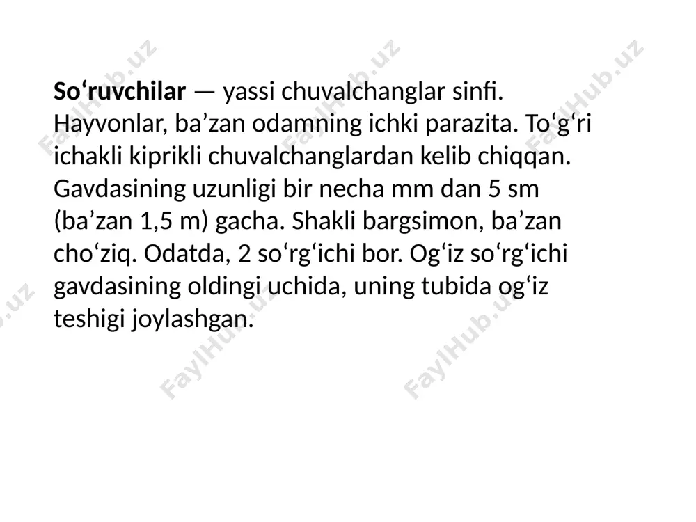 ncatula)hh topib, uning ichiga kirib oladi. miratsidiydan spo-rotsistalar; rediyalar va serkariyalar rivojlanadi. serkariyalar shilliq qurt tanasidan tashqariga chiqadi va navbatdagi lichinkalik davri — adoleskariyaga aylanadi. j. q.ning asosiy xoʻjayinlari — chorva mollari suv ichganda yoki suv ichida oʻsgan oʻtlarni yeganda sistaga oʻralgan adoleskariyani ham yutib yuboradi. chorva mollari ichagida sista yorilib, yosh jigar qurti chiqadi. qurt ichak devorini teshib qonga oʻtadi; qon orqali jigarning oʻt suyuqligi yoʻliga oʻtib, bu yerda voyaga yetadi. odamlar ham koʻlmak suv havzalaridan suv ichganida j. q. bilan zararlanishi mumkin. e’tiborimgiz uchum raxmat! image1.png image2.png image3.png /docprops/thumbnail.jpeg