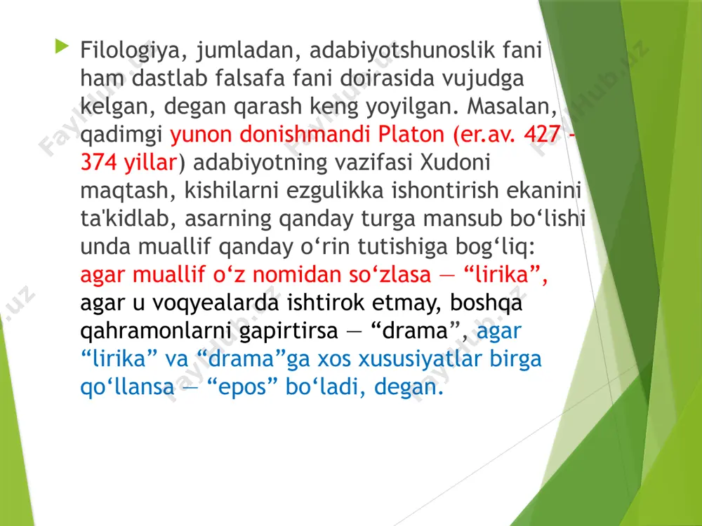 gavdalantiradi, degan g‘oya ilgari surilgan mazkur tadqiqot: “biz umuman, poetik san'at to‘g‘risida, shuningdek, uning alohida ko‘rinishlari va ulardan har birining imkoniyatlari, poetik asarning yaxshi chiqishi uchun rivoyat (mifos) qanday tuzilmog‘i lozimligi to‘g‘risida so‘zlaymiz. bundan tashqari, asarning nechta va qanday qismlardan iborat bo‘lishi, shu bilan birga, bu tadqiqotga tegishli bo‘lgan hamma boshqa masalalarga to‘xtalib o‘tamiz”, deb boshlanadi 3- tur “tragediya muayyan hajmli, turli qismlari turlicha sayqallangan til yordamida, bayon vositasida emas, balki xatti-harakat orqali ko‘rsatiladigan va iztirob bilan inson ruhini poklovchi va tugal voqyea tasviridir” degan /docprops/thumbnail.jpeg