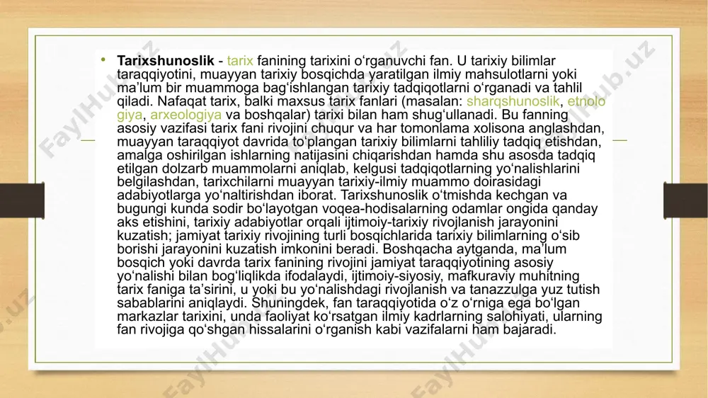 ishi va rivojlanishi jarayonini aniqlashda qoʻllaniladi; aniq tahliliy usul — olib borilgan tarixshunoslik tadqiqoti voqea-hodisalar tafsilotini kelib chiqish sabablari, rivojlanish jarayonini nazariy va faktik materiallarning oʻzaro aloqasida tahlil qiladi, ularning fanda qanday yoritilganligini oʻrganadi; mantiqiy tahliliy usul — katta imkoniyatlarga ega boʻlib, tarixiy muammoning oʻziga xos xususiyatlari, tuzilishi, boshqa tarixiy hodisalar bilan bogʻliqligini oʻrganishda qoʻllaniladi. boshqacha aytganda, maʼlum bosqich yoki davrda tarix fanining rivojini jamiyat taraqqiyotining asosiy yoʻnalishi bilan bogʻliqlikda ifodalaydi; xronologik usul — voqea-hodisalar haqida turli bosqich yoki davrda toʻplangan tarixiy faktlarni oʻzaro bogʻliqlikda oʻrganishda qoʻllaniladi. bu esa turli zamonda ilmiy fikrlarning harakatini, muammoga yondashuvda konsepsiyalar, qarashlar, gʻoyalarning oʻzgarib borishini xronologik tartibda takroriy yoki xilma-xil jihatlarini ochib beradi; davriylashtirish usulida maʼlum bir tarixiydavriy chegarada tarix fanining sifat, uslub va xususiyatlarining oʻzgarishiga ijtimoiy-iqtisodiy munosabatlarning taʼsiri, har bir yangi bosqichda vujudga kelgan ilmiy gʻoyalarni harakatlantiruvchi omil va yoʻnalishlar aniqlanadi; retrospektiv tahlil — har bir ilmiy adabiyot oʻz davriga taalluqli boʻlib, uning …