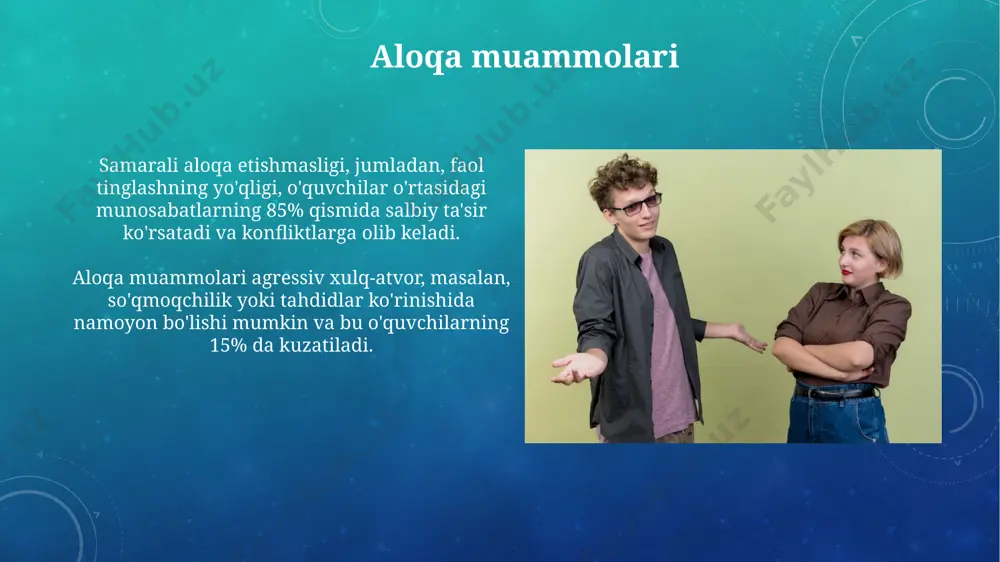 an keyingi tiklanish va qo'llab-quvvatlash mojarodan keyin oʻquvchilarning 70% gacha hissiy jihatdan tiklanishi 2-3 kun davom etadi, ammo ba’zi hollarda professional psixologik yordam kerak boʻlishi mumkin. tengdoshlararo mojarolardan keyin samarali qoʻllab-quvvatlash uchun empatiya, aktiv tinglash va konstruktiv muloqot kabi 3 ta asosiy koʻnikma talab etiladi. kelishuvga erishish va murosaga kelish konfliktni hal qilishning samarali usullaridan biri - mediatorning ishtiroki. mediator tomonlar o‘rtasida 5 ta muhim nuqtani aniqlab, muammoni hal qilishga yordam beradi. kelishuvga erishishda muhim omillardan biri – 2 dan ortiq tomonlarning manfaatlarini muvozanatlashtirish, ya’ni kompromissga tayyor bo‘lishdir. bu 3 bosqichli jarayonni samarali bajarishga yordam beradi. kiberzo'ravonlik va internetda tahqirlash kiberzo'ravonlik qurbonlarining 70% dan ortig'i 11-17 yosh oralig'ida bo'lib, ularning aksariyati ijtimoiy tarmoqlarda tahqirlash va siqilish holatlariga duch kelishadi. kiberzo'ravonlik va internetda tahqirlash hollari yuzaga kelganda, malakali psixologik yordamning muhimligini ko'rsatuvchi statistik ma'lumotlarga ko'ra, muammoni hal qilish uchun murojaat qiluvchilar soni atigi 15% ni tashkil etadi. konfliktlarning oldini olish strategiyasi …