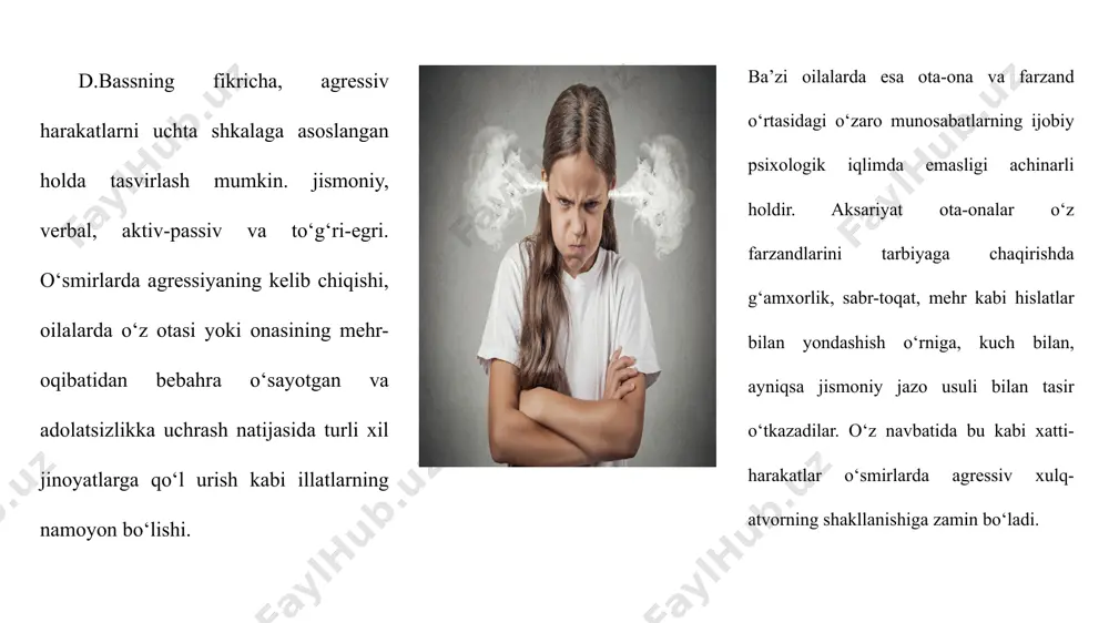 lar. - ratsional, intellektual odamlaming usuli boiib, bu usul juda katta qalb va aql mehnatini talab etadi. 0 ‘z hissiyotlarini boshqara olish qobiliyatini egallagan odamgina mazkur usulni qoilay oladi. bunday odamlar masalaning mohiyatiga urg‘u beradi. uning mohiyatini tushunish esa muammoning yechimiga olib keladi. muammoni tushunish asosida uni yechish yoilari ochiladi va kelib chiqadi. bunday odamlar har vaqt o‘zlarini agressiyadan ozod qilish xususiyatiga ega boiadilar. bu jarayon inson ichki hissiyotlari borasida olib borilgan analitik tahlilga o‘xshaydi. - faol usulning barcha turlari faol harakatlar olib borish asosiga qurilgan. adrenalin - inson kayfiyatidagi tanglik holatining tibbiy asosi boigan moddalar, ya’ni jismoniy mashqlar, harakatlar, mehnat jarayonida yedinladi. buning natijasida inson kayfiyatida xushnudlik holati vujudga keladi passiv usul mantiqiy usul faol usul agressiya va zo‘ravonlik o‘zaro bog‘liq tushunchalar bo‘lib, inson kayfiyatida agressiv holatlaming o‘sib borishi va to‘planishi oqibati sifatida zo‘ravonlikka olib kelishi mumkin. zo‘ravonlik aslida inson xarakterining qusuri, uning kamchiligi hisoblanadi. odam o ‘z hissiyotlari …