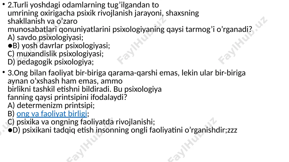 atish, murakkab kuzatish; d) og’zaki kuzatish, yozma kuzatish; 6.ijtimoiy va shaxslararo munosabatlarning maxsuli, ongli faoliyatning subyekti bo’lgan individ - bu… ●a) shaxs; b) individ; c) individuallik; d) yo’nalganlik; 7. eksperiment metodining turlari qaysi bandda to’g’ri berilgan? ● a) tabiiy va laboratoriya eksperiment b) laboratoriya eksperimenti c) individual va guruhiy eksperiment d) tabiiy eksperiment 8.sezgining sifati - bu: ●a) sezgining boshqa sezgi turlaridan farqlaydi; c) sezgining miqdorini ifodalaydi; b) sezgining vaqtinchalik xususiyati; d) sezgi a’zosining funktsional holatini ifodalaydi; /docprops/thumbnail.jpeg