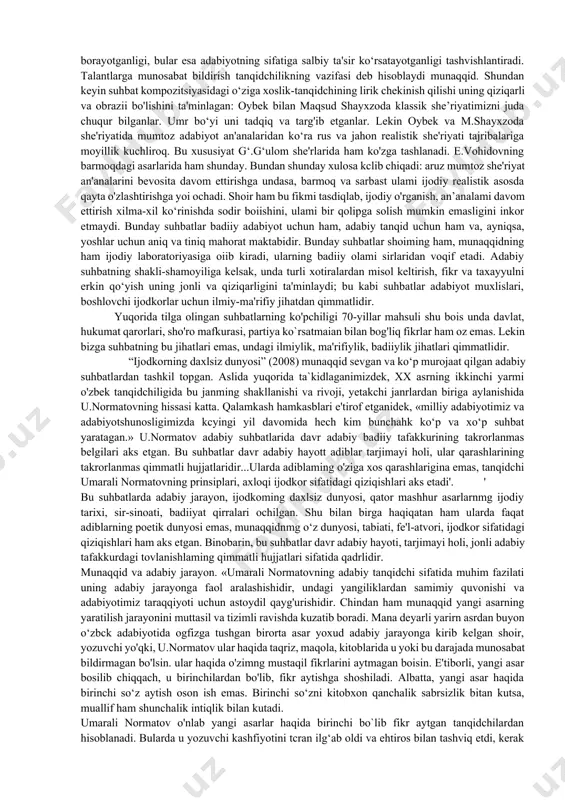 -qarshi g‘oyalar, mayllar, xilma-xil tabutu personajlar to‘qnashadi, xarakter bilan muhit orasidagi ziddiyat ba zan e'oyat kcskinlashadi, lckin mualliflami o‘sha to'qnashuvlar jarayom emas, ulaming oqibati, shu ziddiyatlar tufayli qahramonlar hayotida, shaxsiyatida, ruhiyatida yuz bcrgan dramalar qiziqtiradi»-. bu fikrlar adabiy jarayonda o‘zbek hikoyachiligming yuksahshiga salmoqli hisoblanadi. «qalb inqilobi» (1986), «qodiriy bog‘i» (1996), « o`tkan kunlar hayrati» (1999) singari tadqiqotlari zamonaviy o‘zbek adabiyotshunosligining yutuqlaridan biri deb e`tirof etildi. olim adabiyotda paydo bo‘lgan yangi adabiy-estetik tamoyillarni aniqlash, hozirgi adabiy jaryonning nazariy muammolarini tadqiq etishga «umidbaxsh tamoyillar» (2000), «tafakkur yog`dusi» (2002) kitoblarini, e`lon qilingan yuzlab adabiy-tanqidiy maqollarida aynan shu muammolami tadqiq etdi. munaqqid «...o‘zbek nasri tamoyillarini izchil tahlil qiladi, uning taraqqiyot xususiyatlarini zukko olim nigohi bilan kuzatdi. bunday zohiriy sifatlarni asos bilgan sharhchilar umarali akani «nasr munaqqidi», «epik tanqidchi» kabi tamsillar bilan siylaydilar. biroq yozganlarini sinchiklab kuzatgan kitobxon nasr barobarida o'zbek nazmining ustuvor xususiyatlarini sarafroz qilgan, cho`lpondan bahrom ro‘zimuhammadgacha xx asrning tiniq shoir va shoiralari …