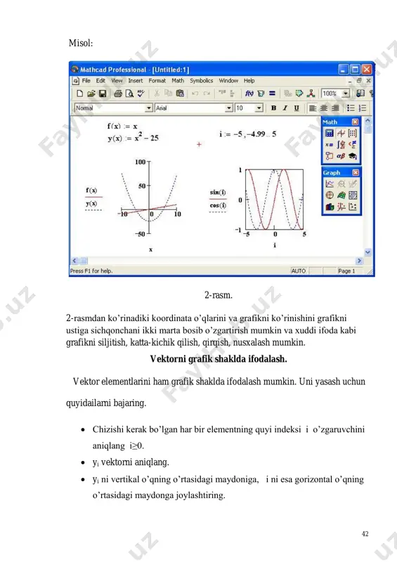 tish mumkin: • logscale – logarifmik masshtabda o'qga sonli qiymatlarni tasvirlash; • grid lines – chiziqqa setkalar qo'yish; • numbered – koordinata o'qi bo'yicha sonlarni qo'yish; • auto scale – son qiymatlar chegarasini o'qda avtomatik tanlash; • show markers – grafikka belgi kiritish; • autogrid – chiziq setkasi sonini avtomatik tanlash. f(x,y):=1 47 2. trace – funktsiya grafiklarini formatlash. har bir funktsiya grafigini alohida o'zgartish mumkin: • chiziq ko'rinishi (solid – uzliksiz, dot – punktir, dash – shtrixli, dadot – shtrixli punktir); • chiziq rangi (color); • grafik tipi (type) (lines – chiziq, points – nuqtali, bar yoki solidbar – ustunli, step – pog'onali grafik va boshqa); • chiziq qalinligi (weight); • simvol (symbol) - grafikda hisoblangan qiymatlar uchun (aylana, krestik, to'g'ri burchak, romb). 3. label – grafik maydoni sarlovhasi. title (sarlovha) maydoniga sarlovha matni kiritiladi. 4. defaults – bu qo'yilma yordamida grafik ko'rinishga qaytish mumkin. 5.uch o'lchamli grafik qurish …